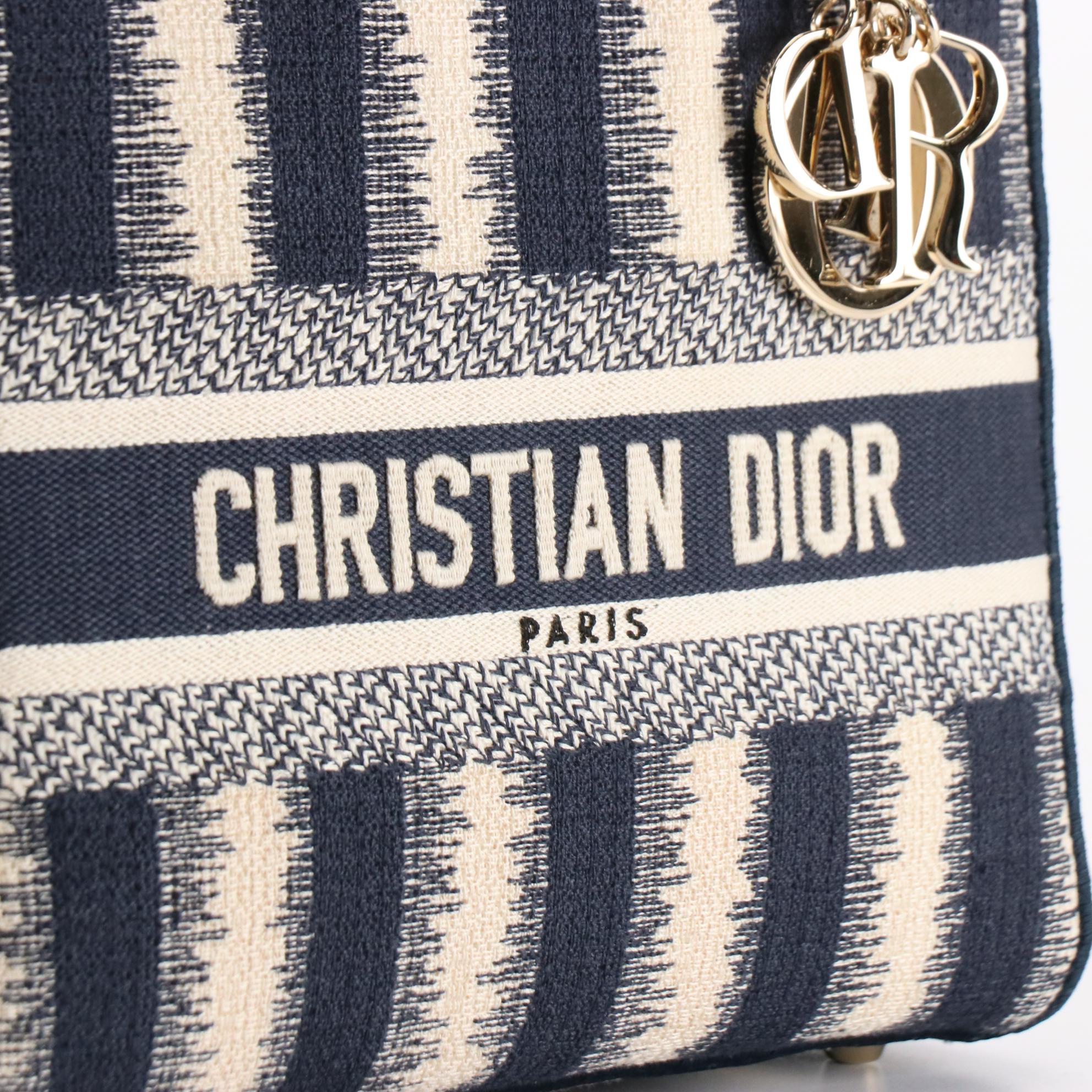 Christian Dior Lady Dior Medium Bag in D-Stripes Embroidery with Box/Gift Bag