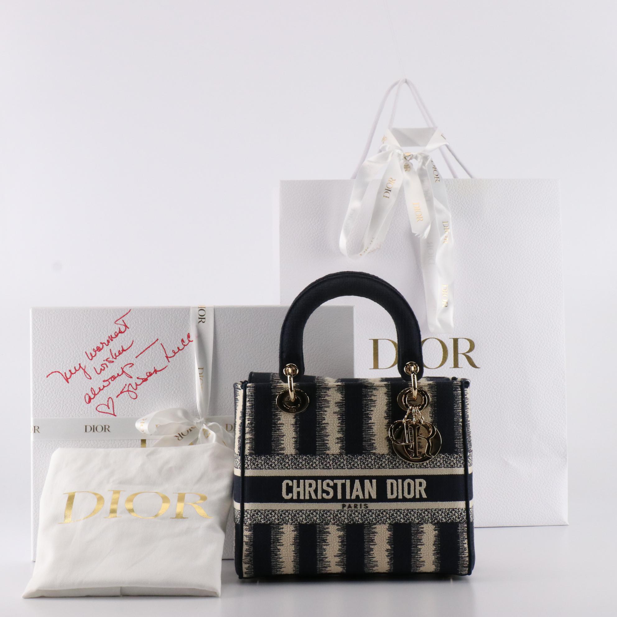 Christian Dior Lady Dior Medium Bag in D-Stripes Embroidery with Box/Gift Bag