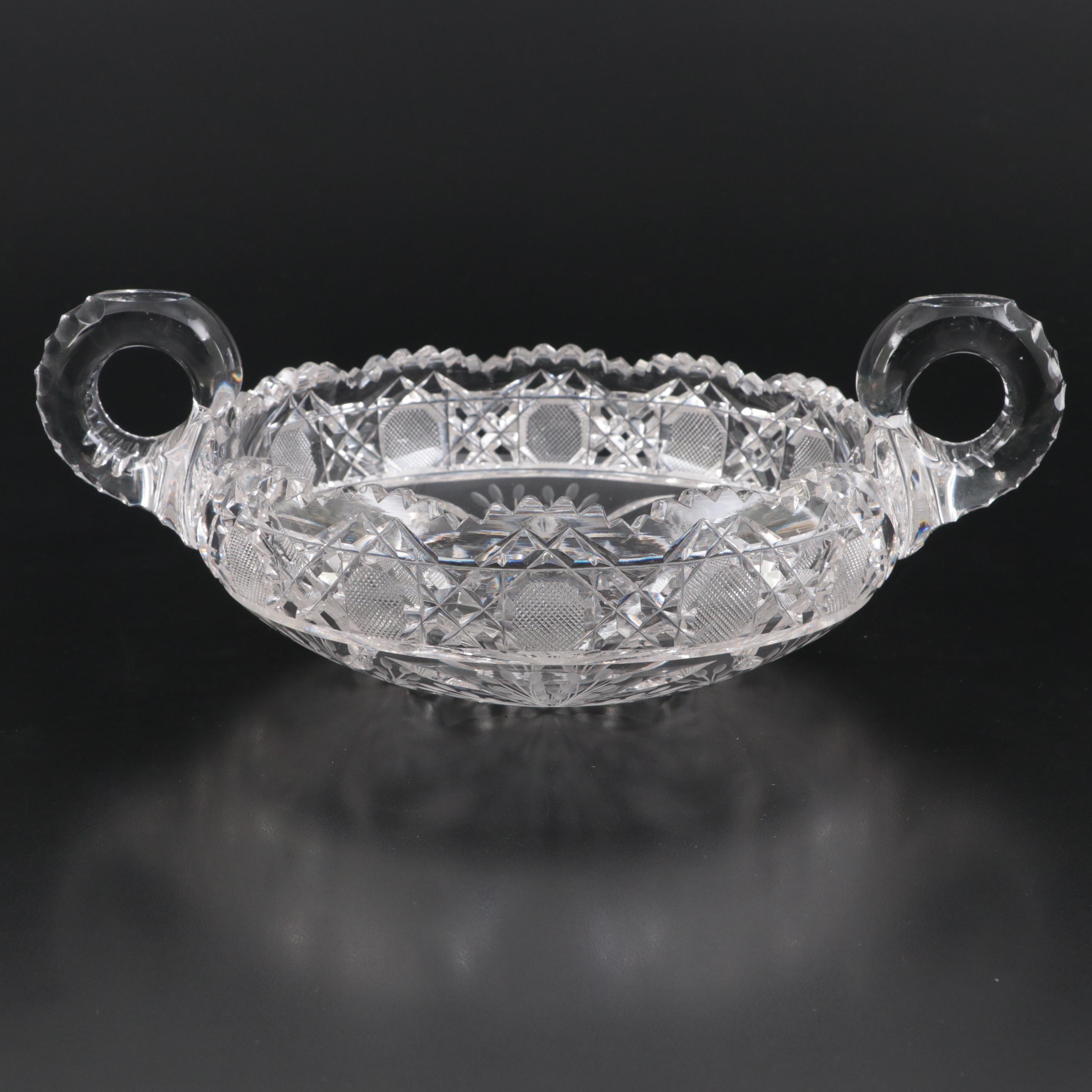 American Brilliant Cut Glass Harvard Rim and Foliate Pattern Double Handled Dish