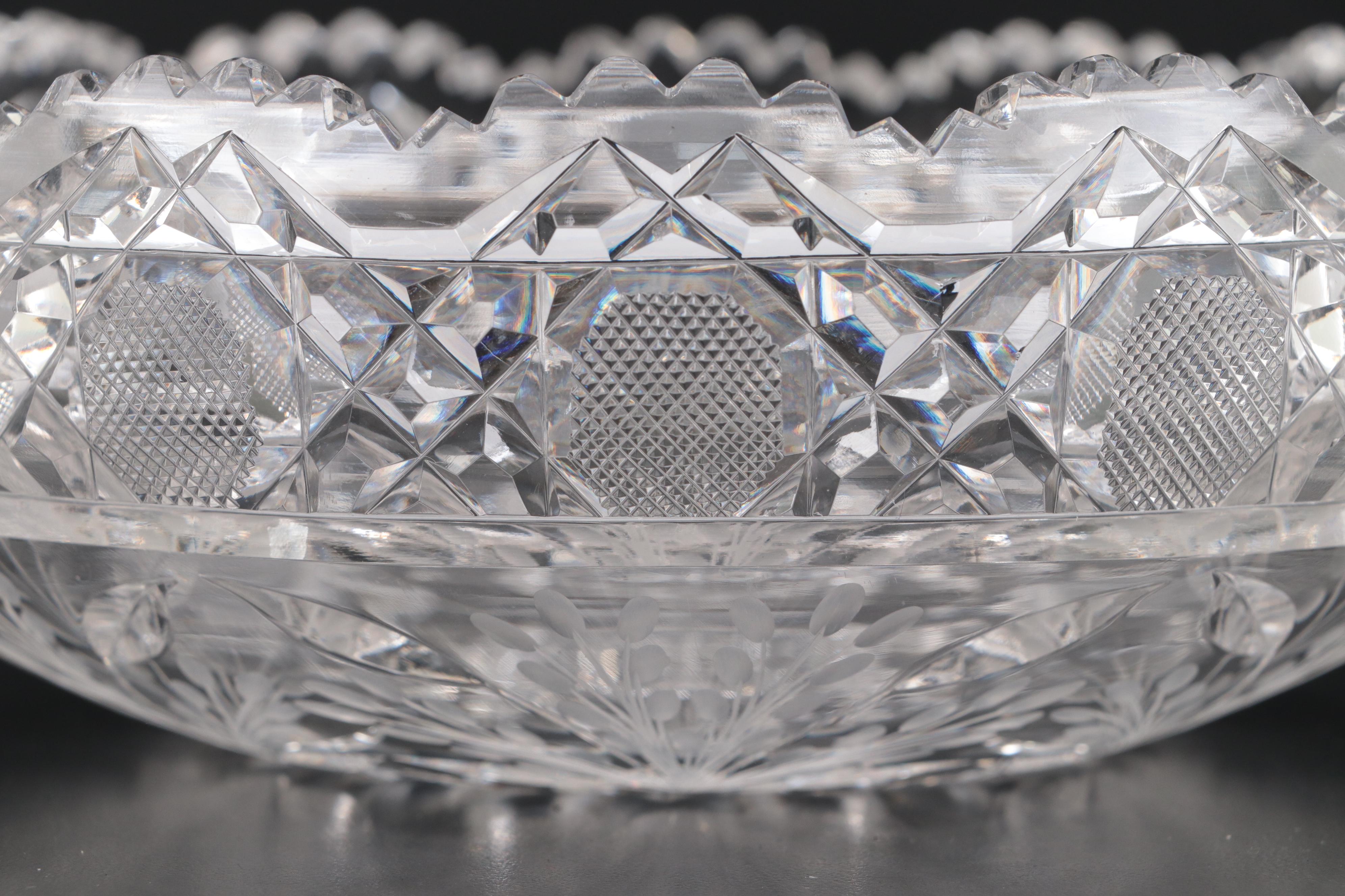 American Brilliant Cut Glass Harvard Rim and Foliate Pattern Double Handled Dish