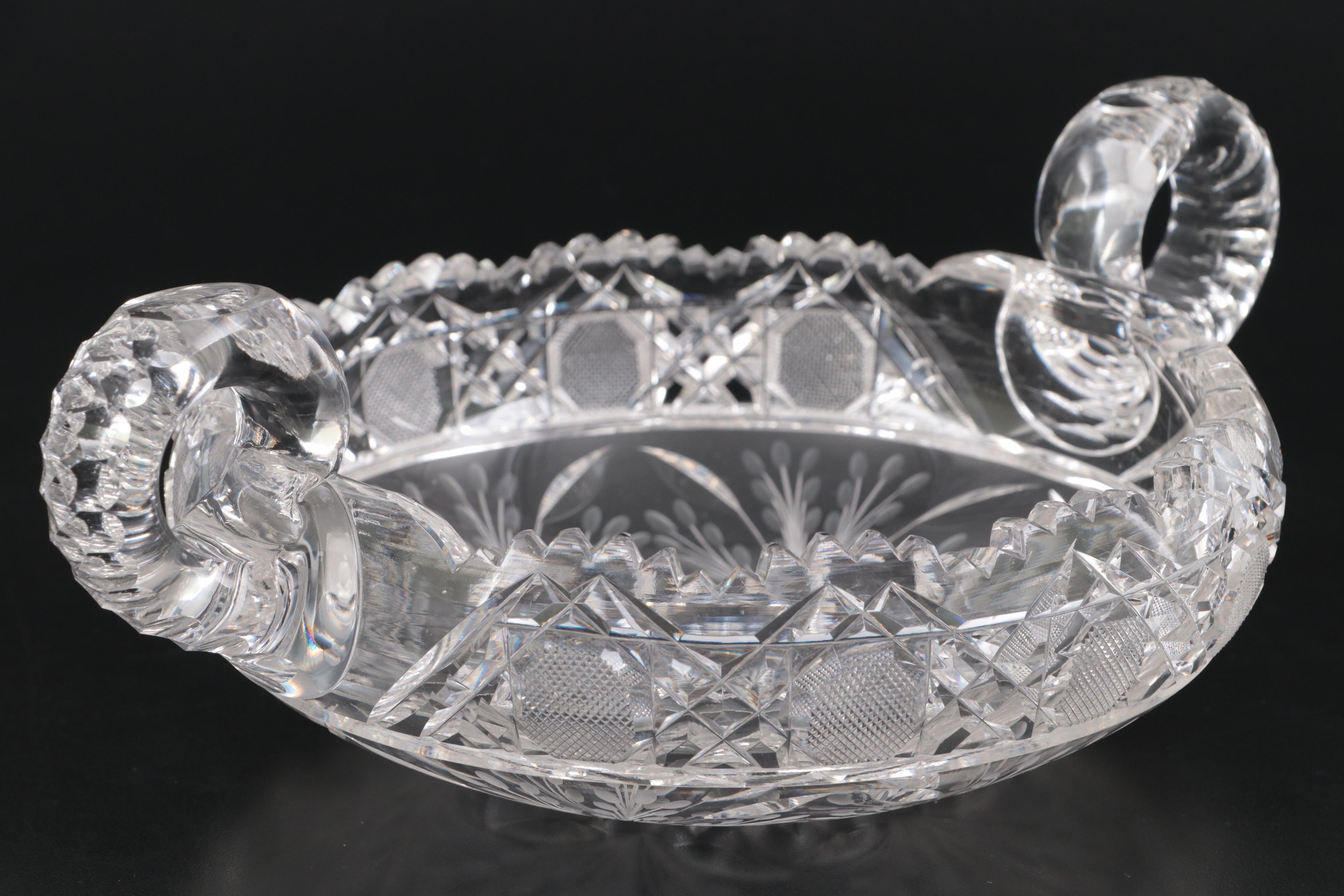 American Brilliant Cut Glass Harvard Rim and Foliate Pattern Double Handled Dish