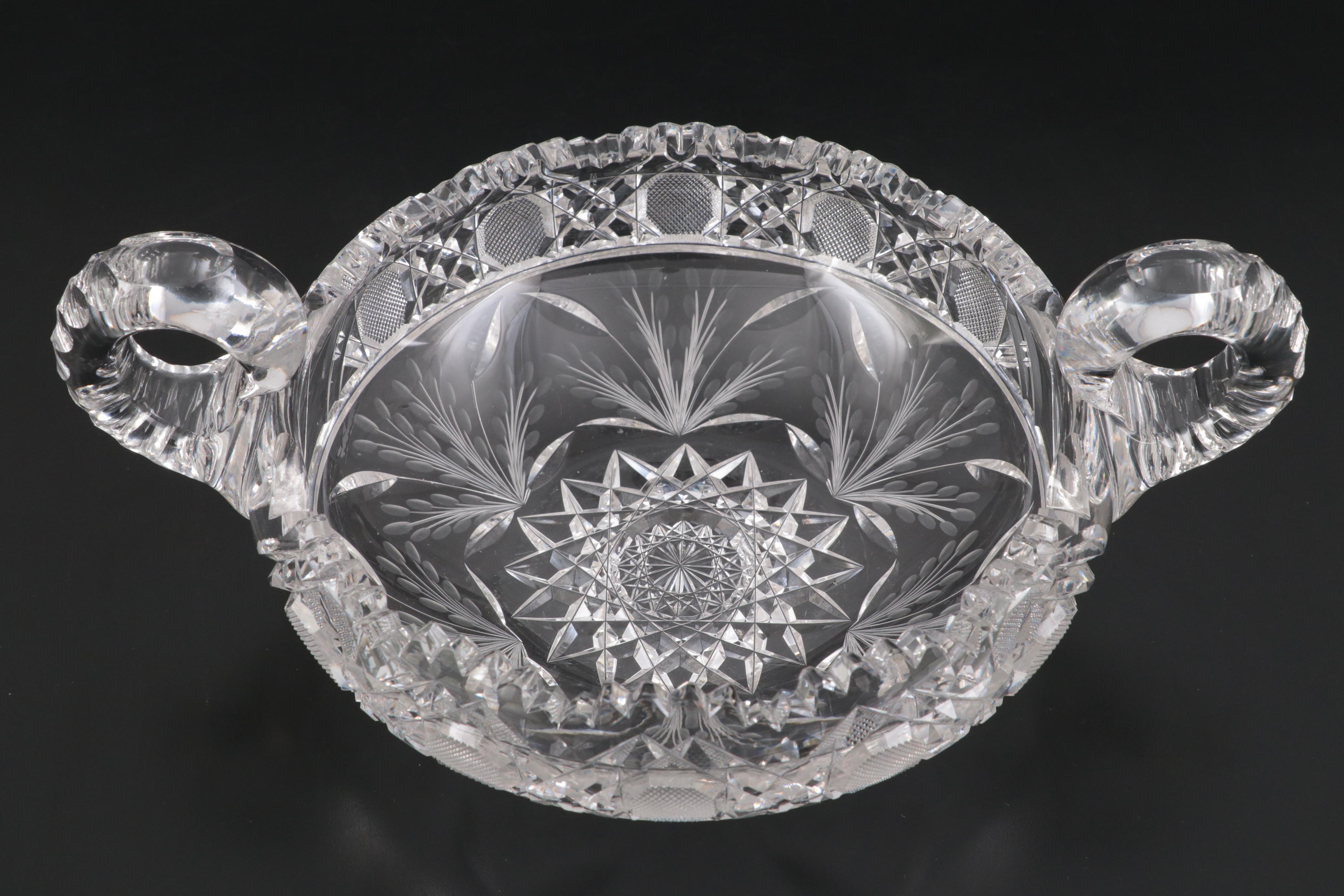 American Brilliant Cut Glass Harvard Rim and Foliate Pattern Double Handled Dish