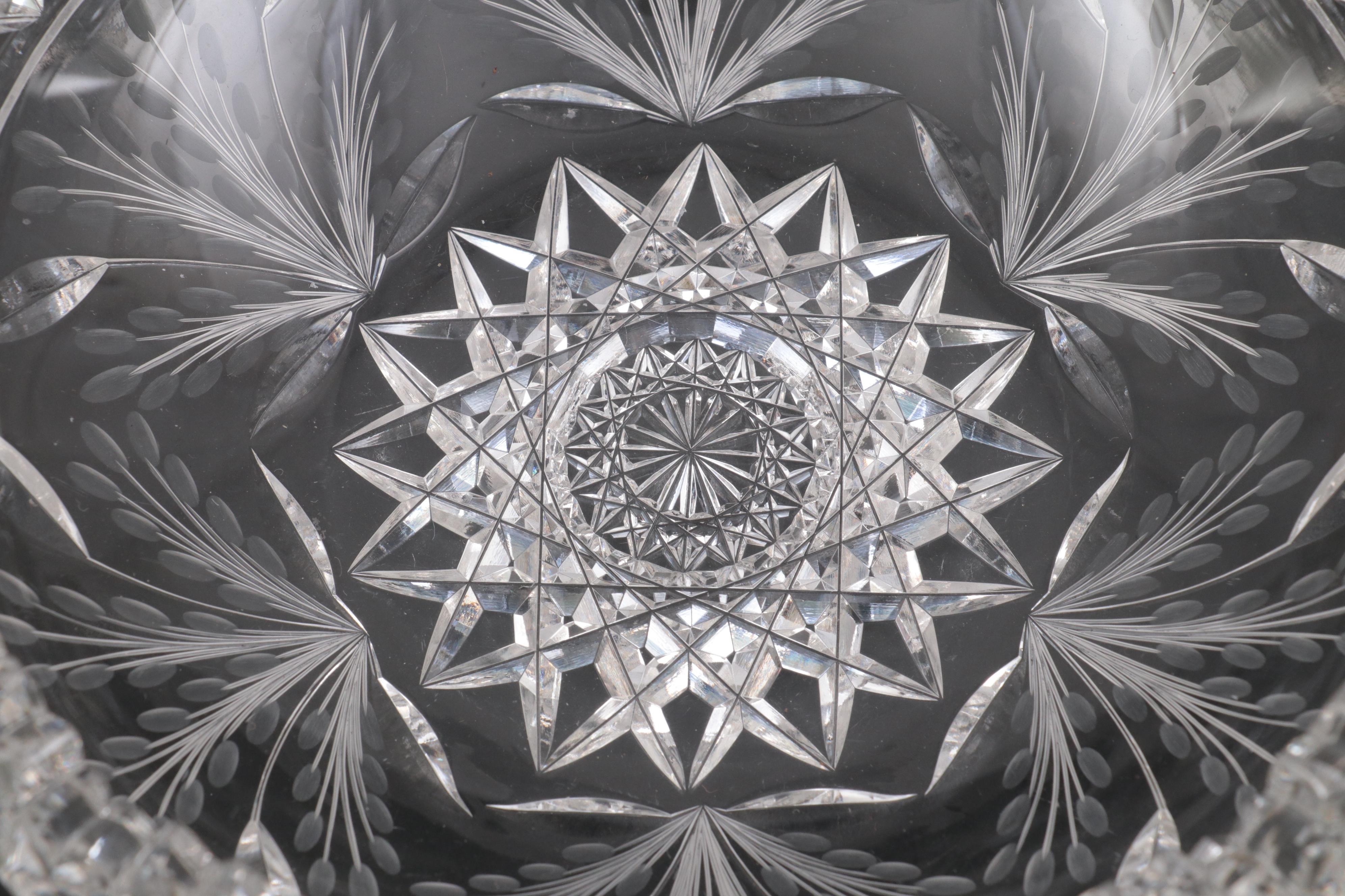 American Brilliant Cut Glass Harvard Rim and Foliate Pattern Double Handled Dish