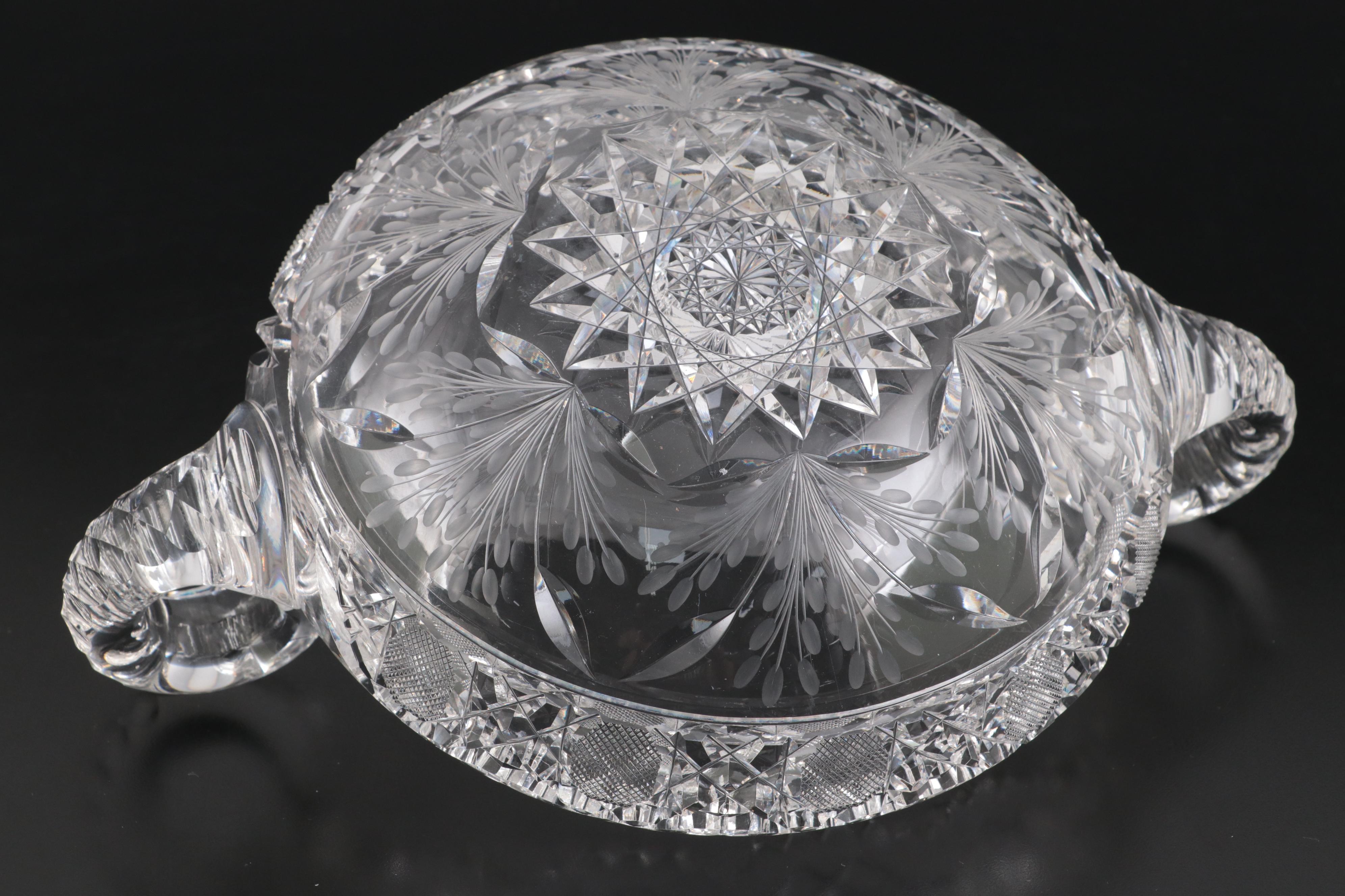 American Brilliant Cut Glass Harvard Rim and Foliate Pattern Double Handled Dish