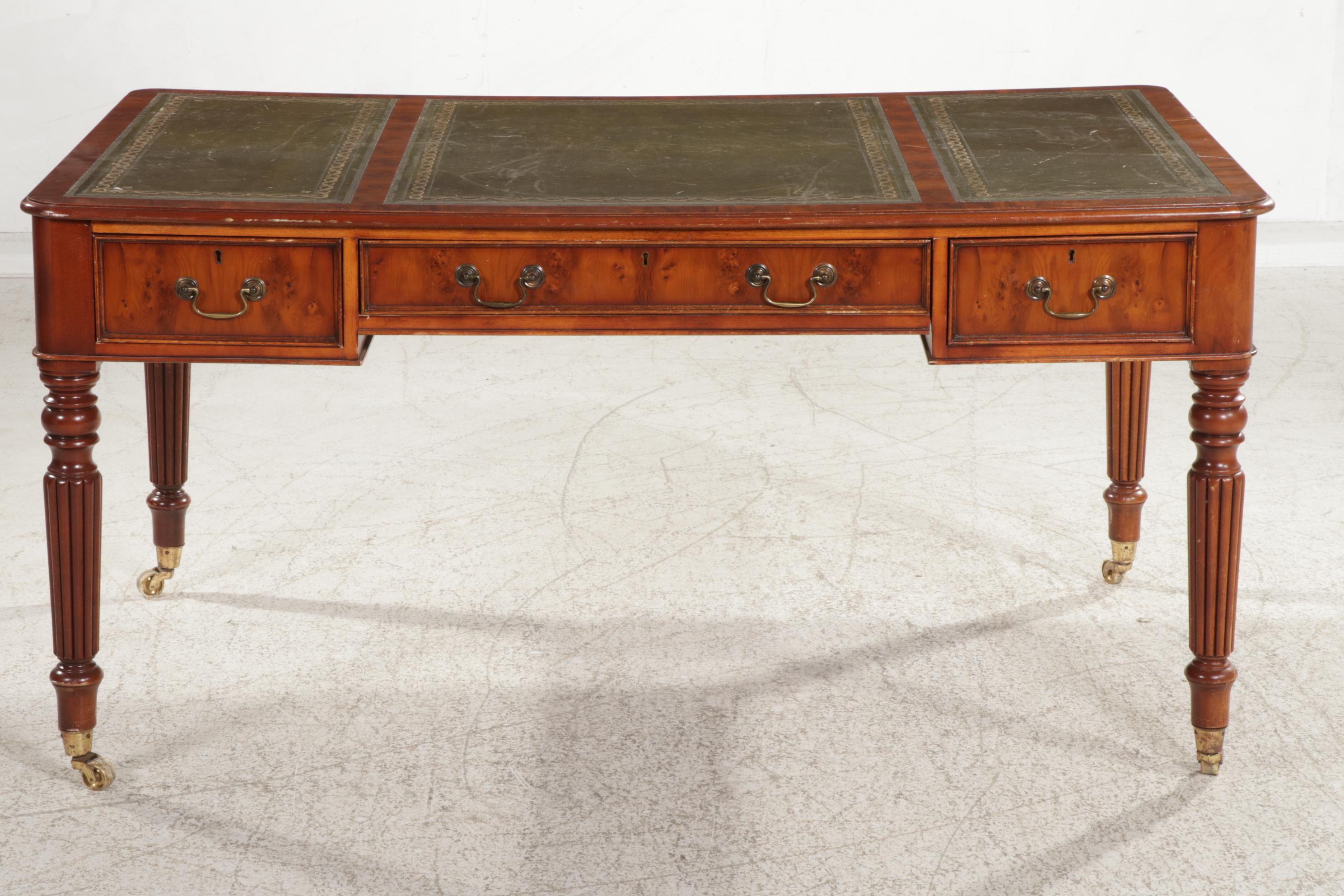 George IV Style Yew Burl Veneer and Leather Top Partner's Desk