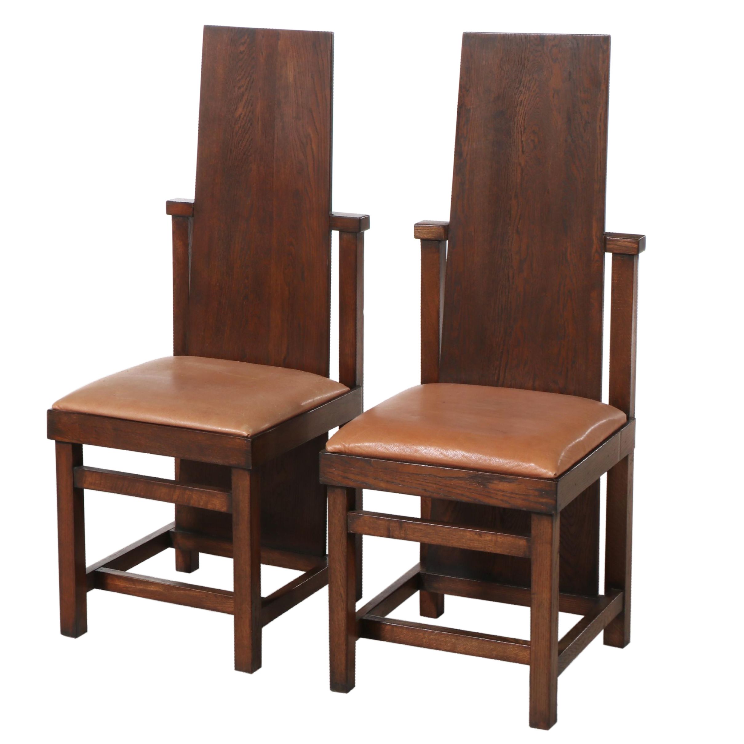 Pair of Frank Lloyd Wright Oak Slant-Back and Leather-Upholstered Chairs