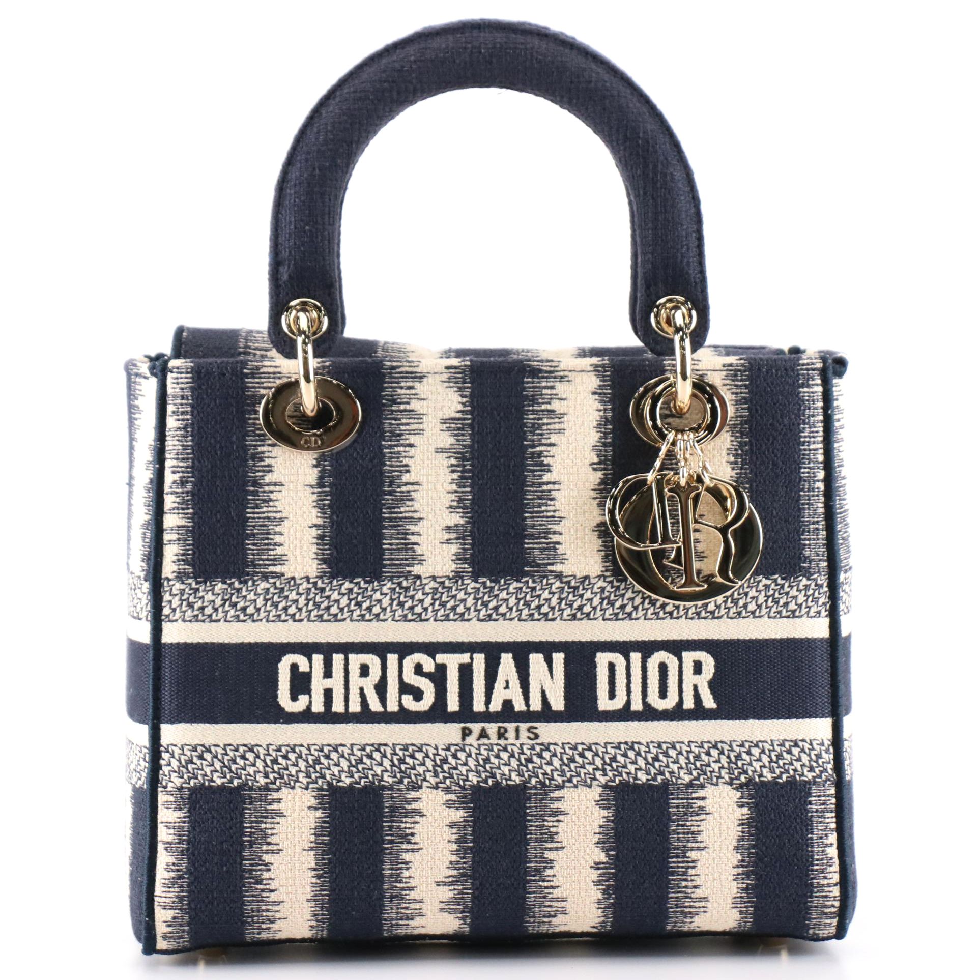 Christian Dior Lady Dior Medium Bag in D-Stripes Embroidery with Box/Gift Bag