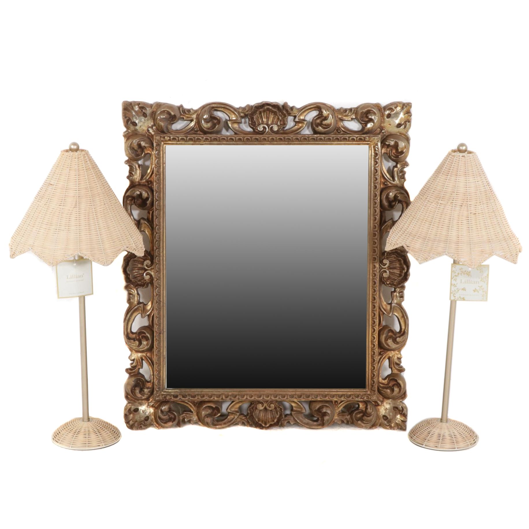 Pair of Lillian August "Parasol" Table Lamps with Gilded Composite Wall Mirror