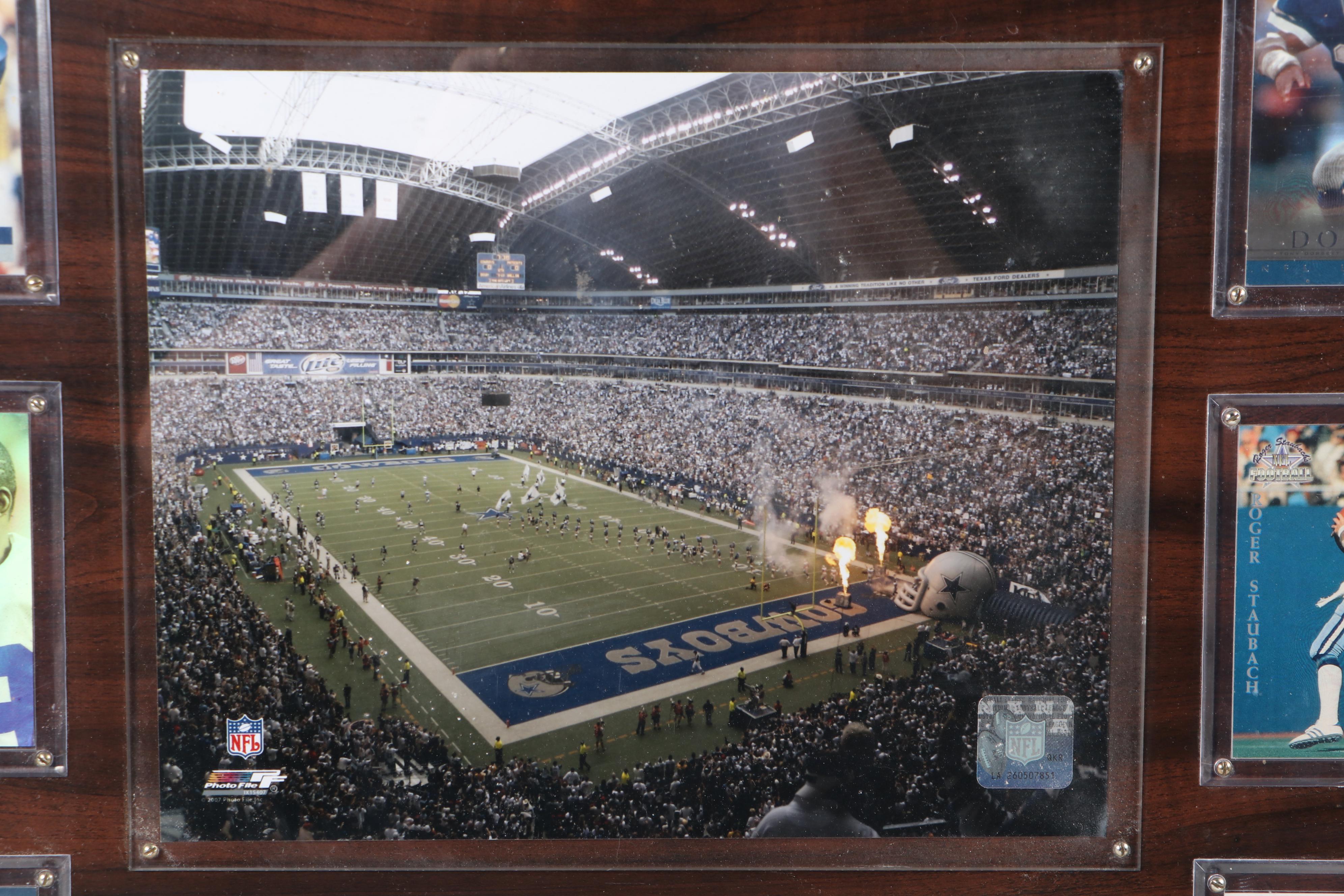 Score and Other Dallas Cowboys Football Cards on Wooden Super Bowl Displays
