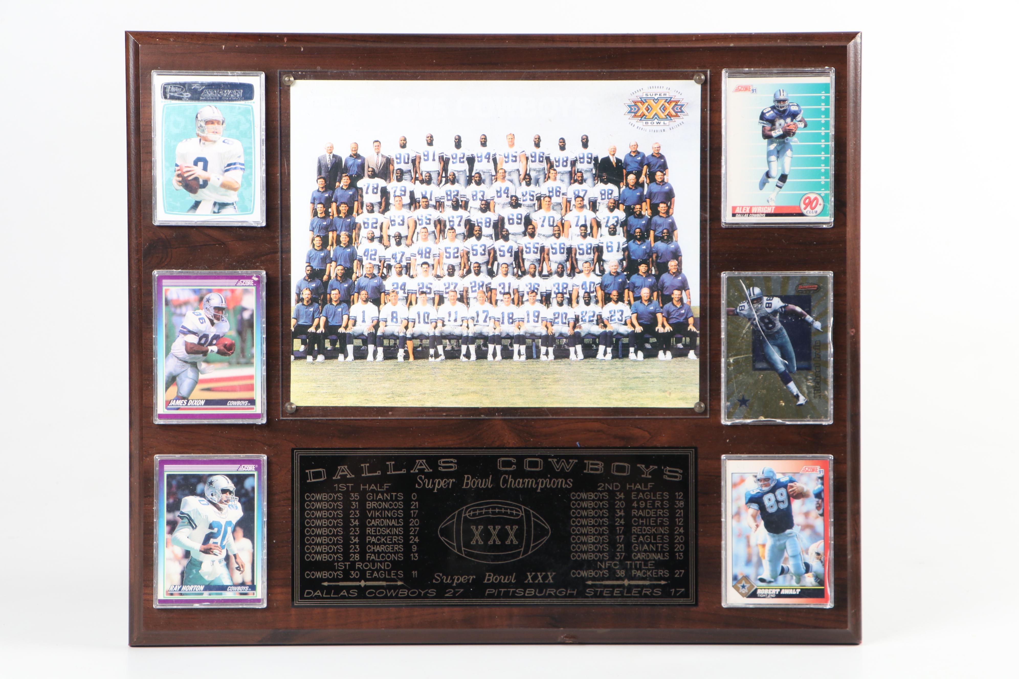 Score and Other Dallas Cowboys Football Cards on Wooden Super Bowl Displays