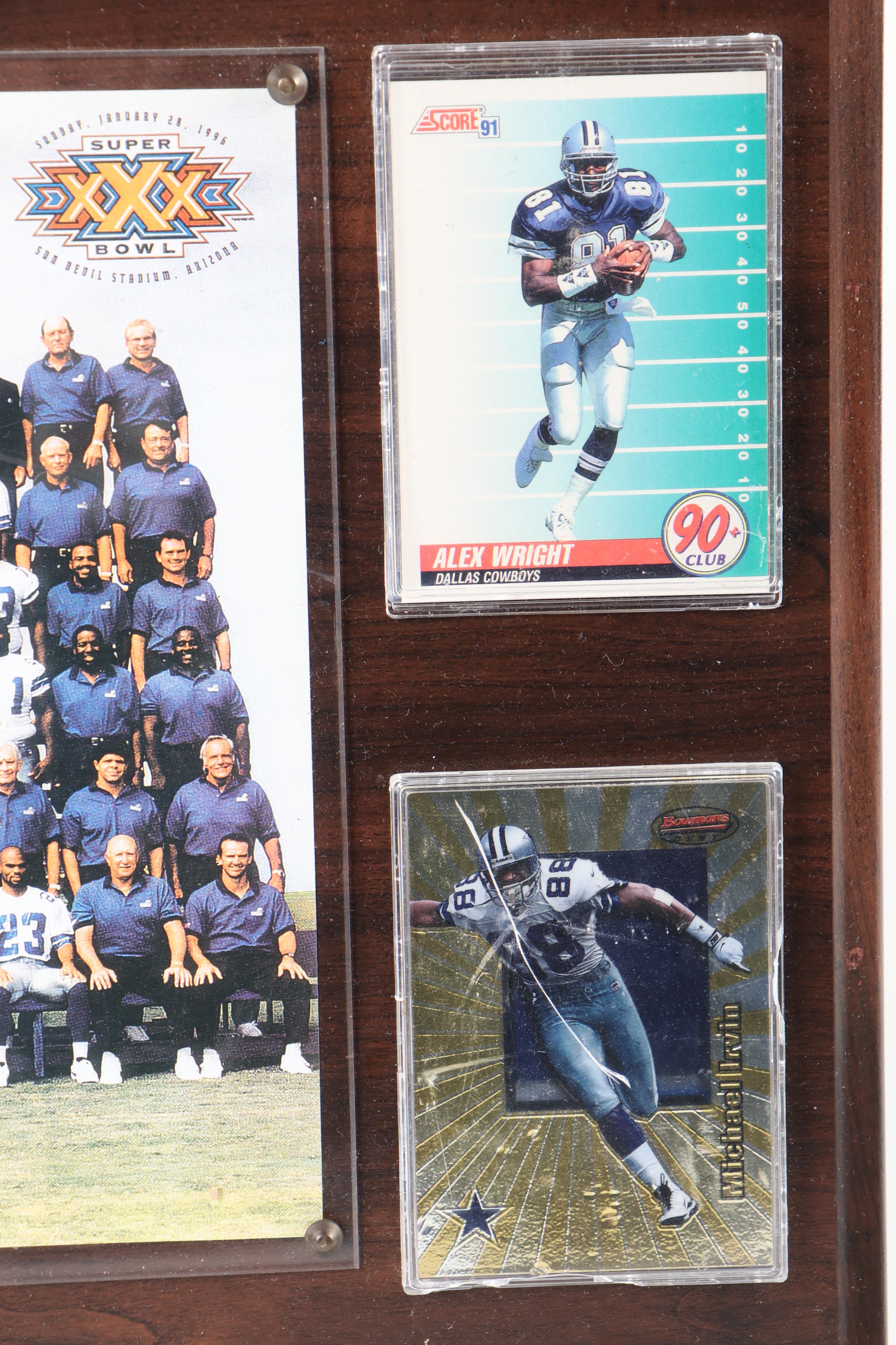 Score and Other Dallas Cowboys Football Cards on Wooden Super Bowl Displays