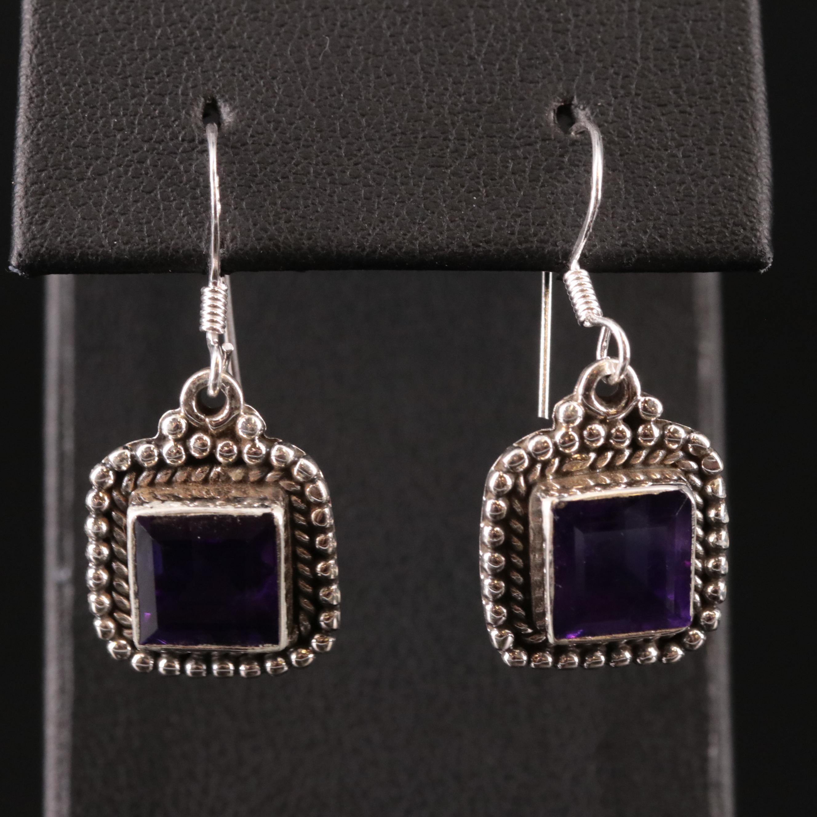 Sterling Amethyst Drop Earrings with Milgrain Accents