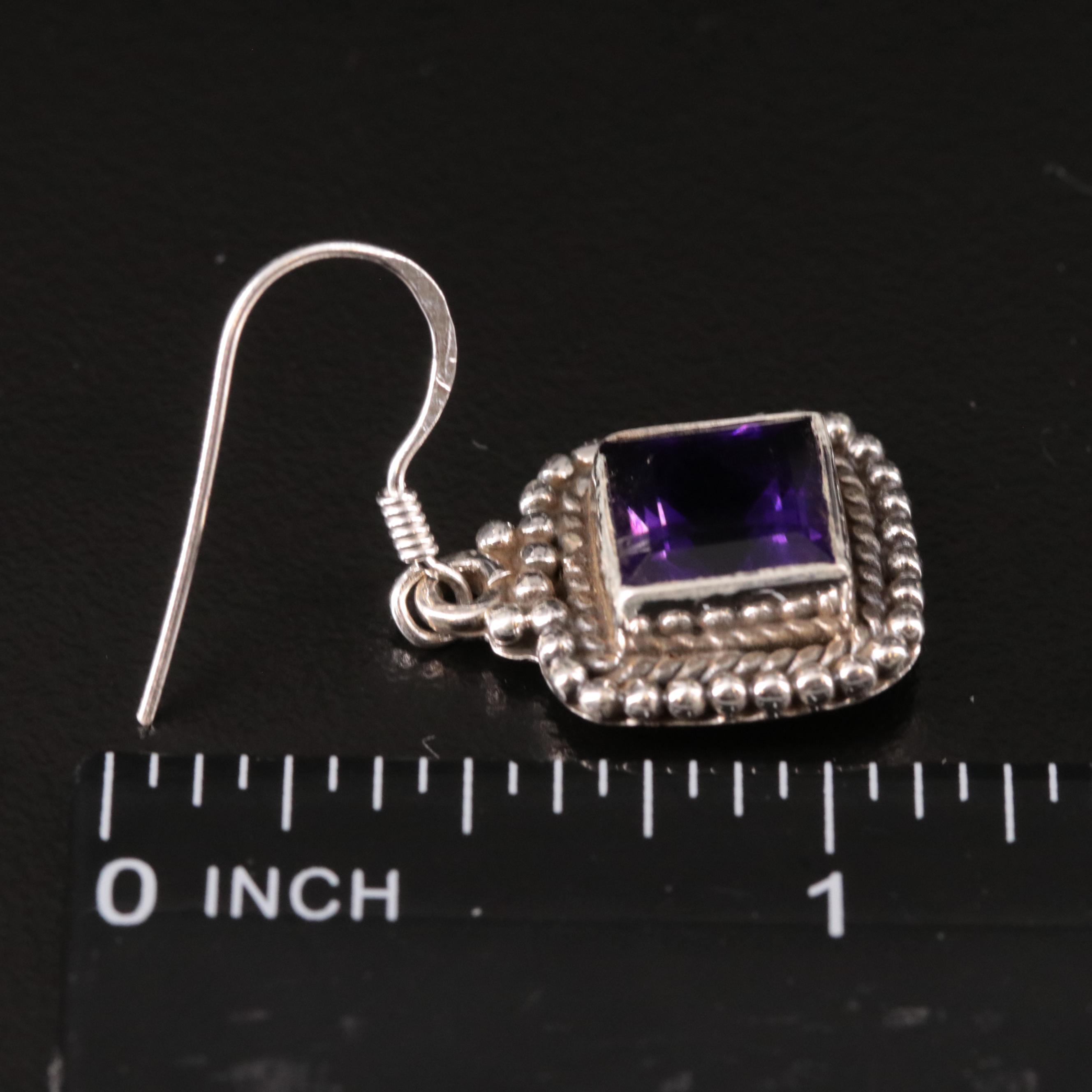 Sterling Amethyst Drop Earrings with Milgrain Accents