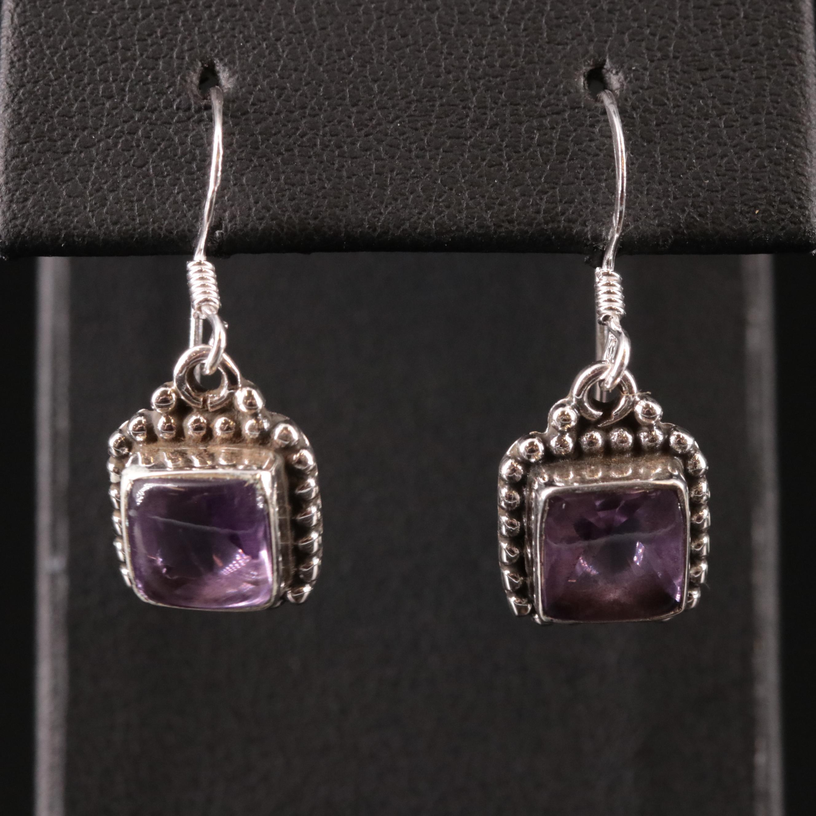 Sterling Amethyst Drop Earrings with Milgrain Accents