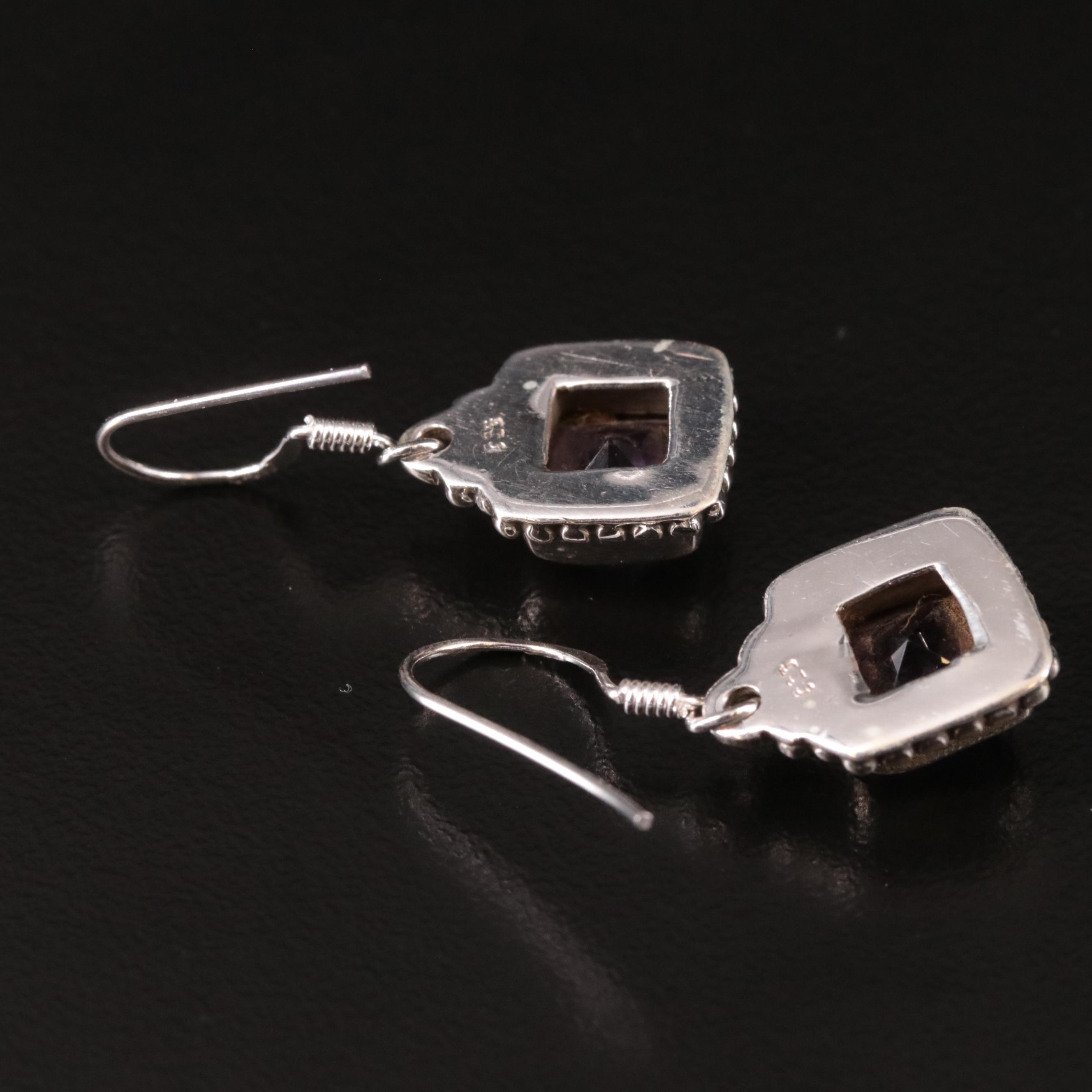 Sterling Amethyst Drop Earrings with Milgrain Accents