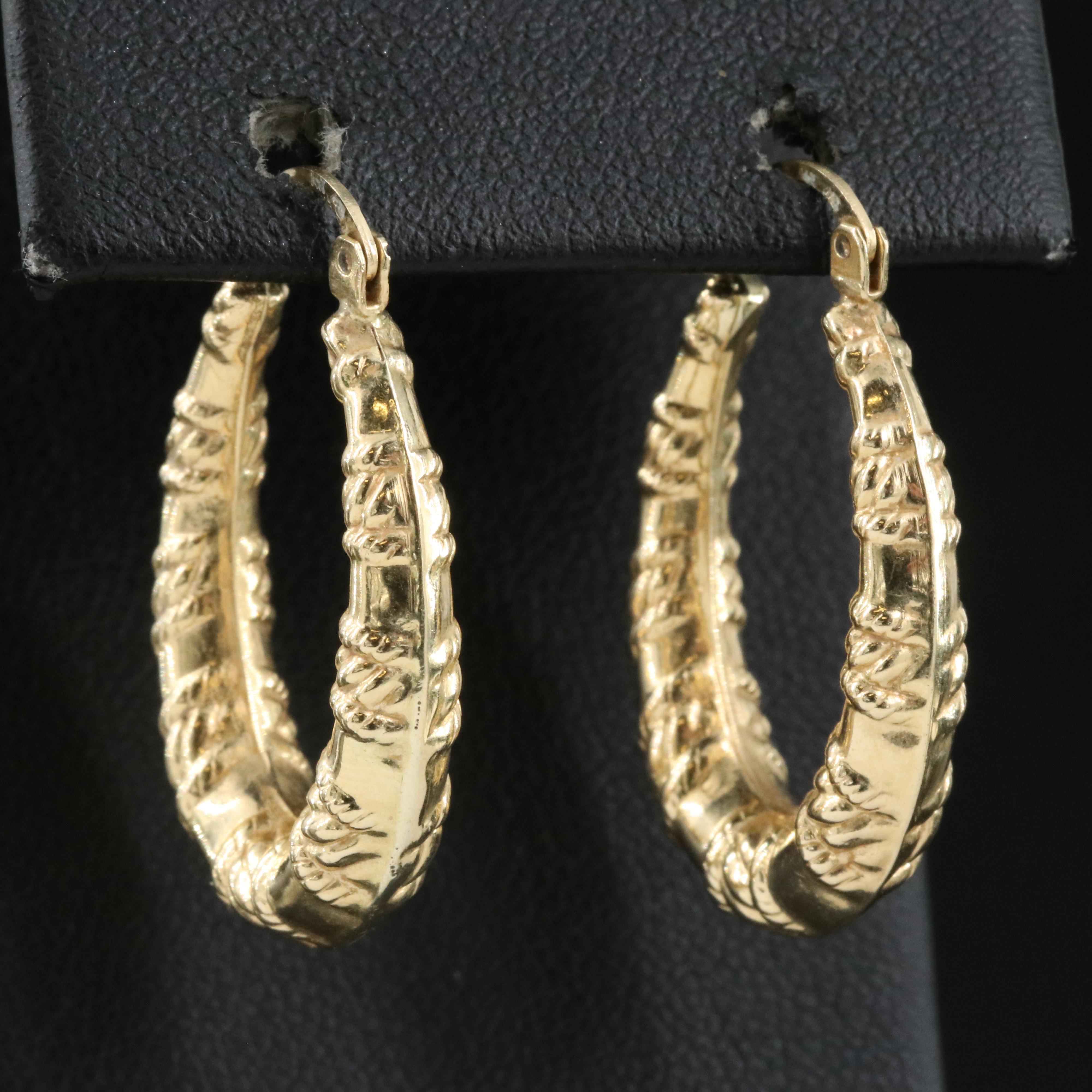 14K Textured Elongated Hoop Earrings