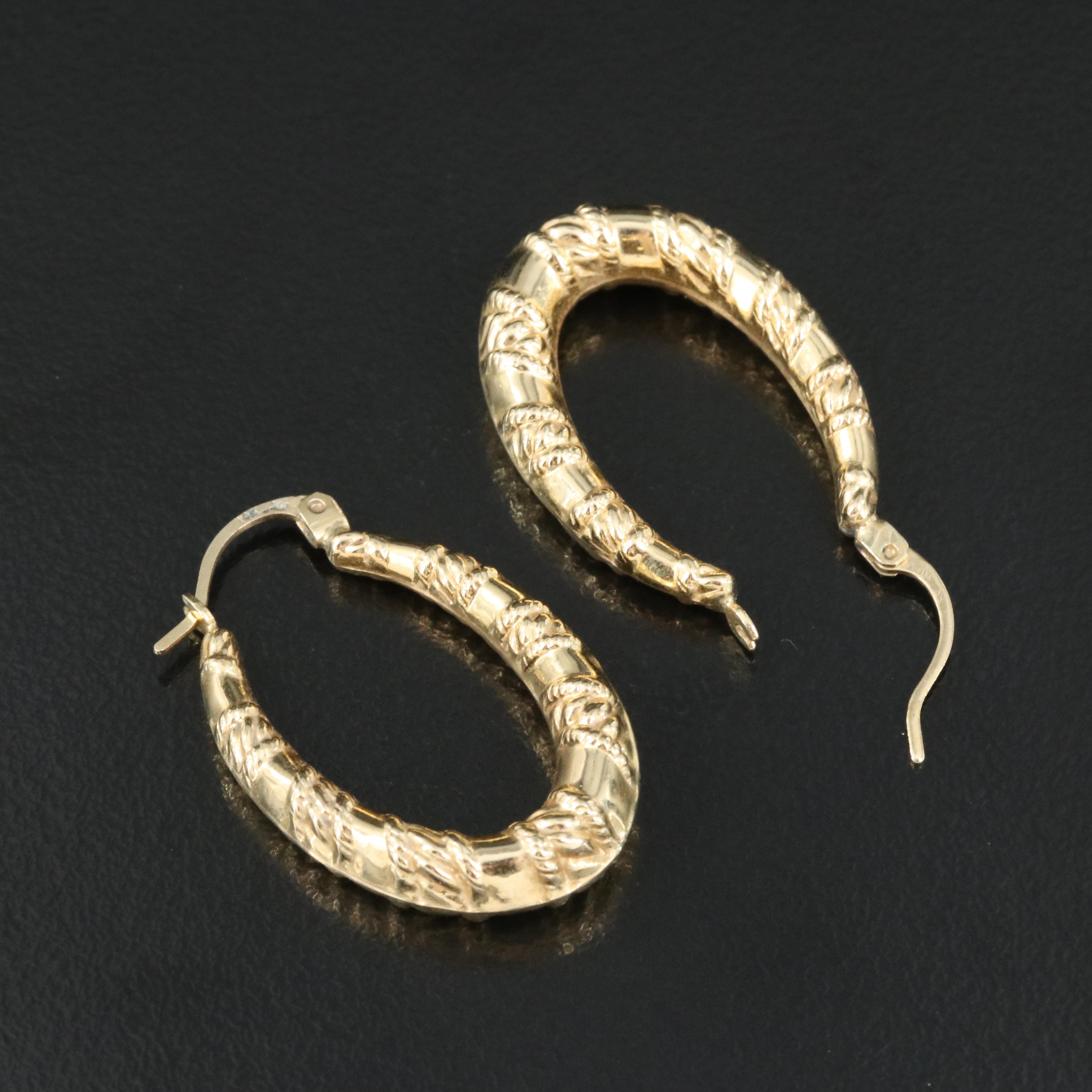 14K Textured Elongated Hoop Earrings