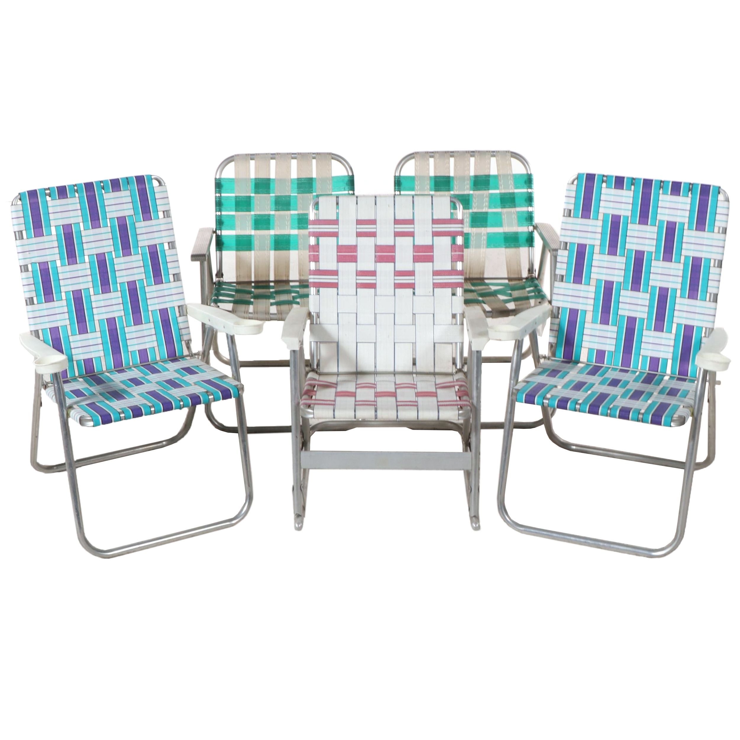 Five Aluminum Framed Folding Webbed Lawn Chairs, Late 20th Century
