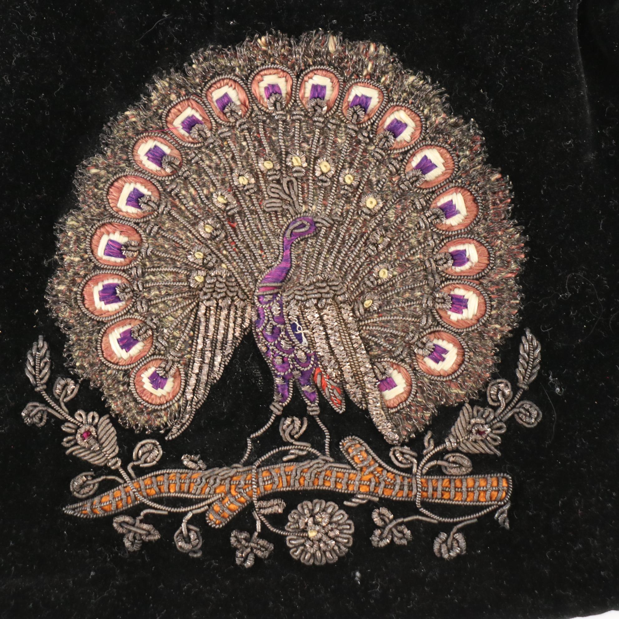 Zardozi Embroidered Peacock Black Velvet Handbag with Kiss Lock and Chain Strap