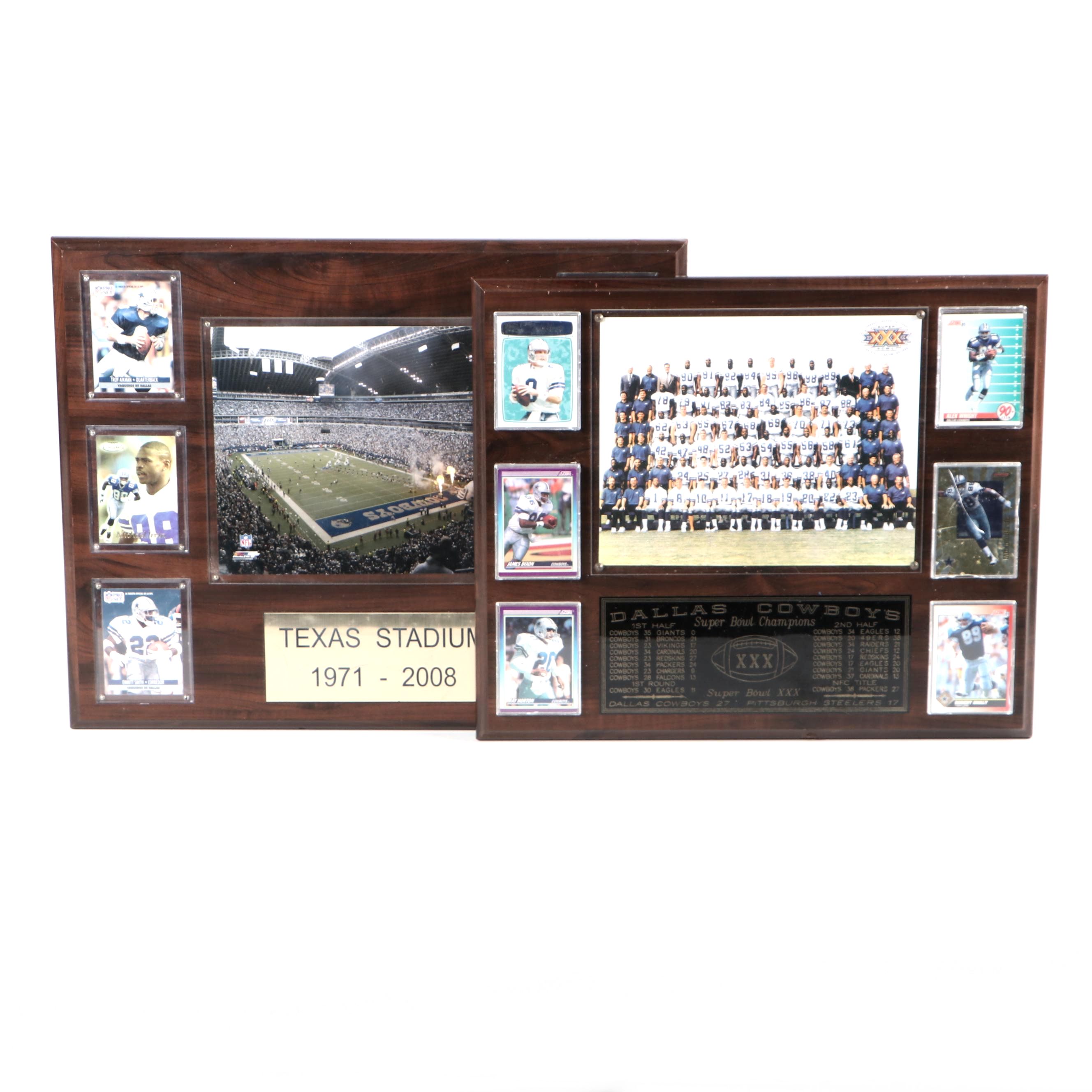 Score and Other Dallas Cowboys Football Cards on Wooden Super Bowl Displays
