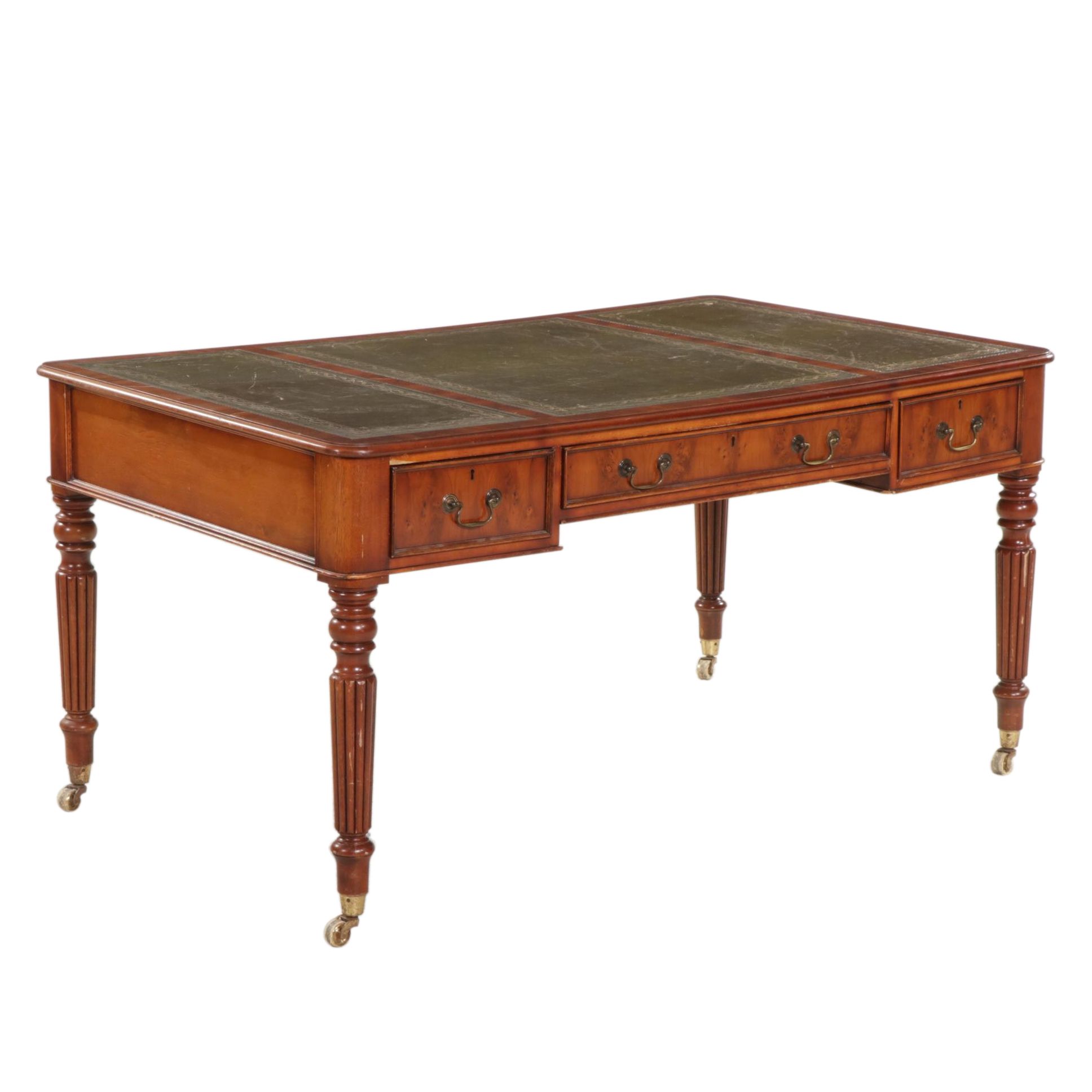 George IV Style Yew Burl Veneer and Leather Top Partner's Desk