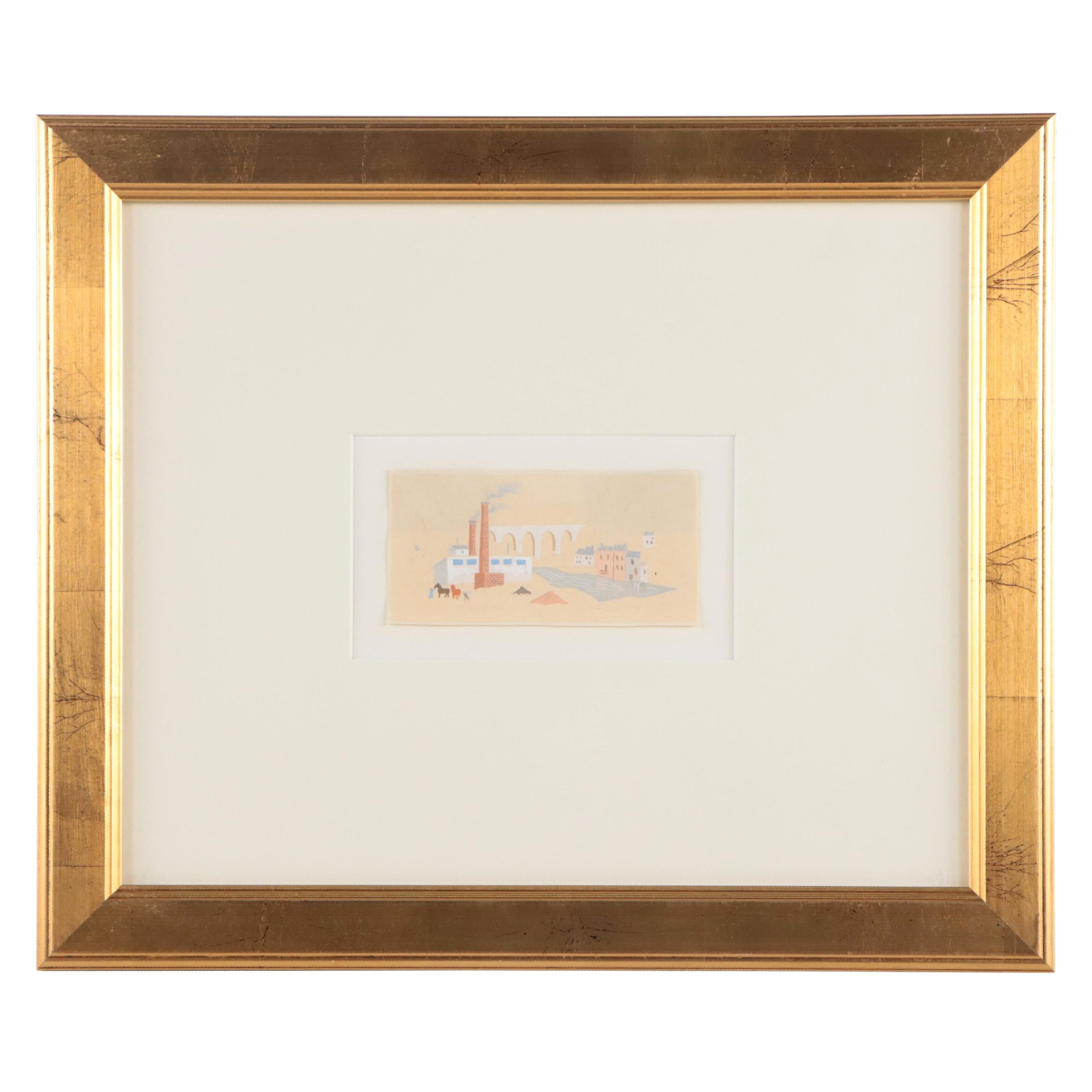 Attributed to Jean Hugo Gouache Painting of Industrial Landscape, Circa 1970