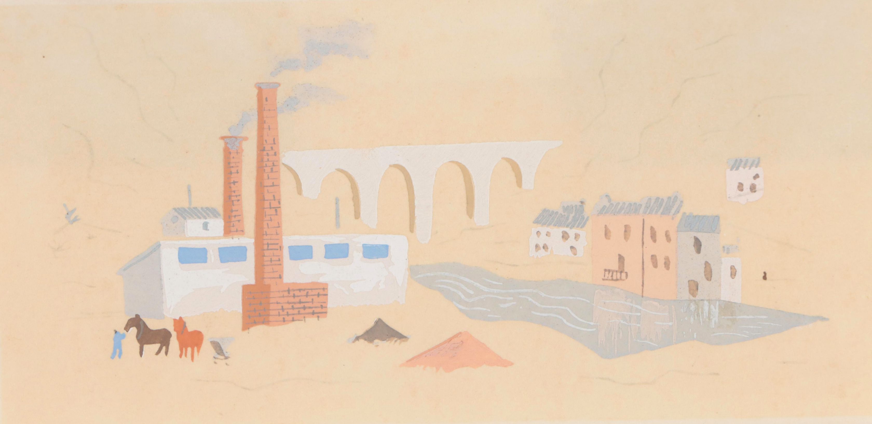 Attributed to Jean Hugo Gouache Painting of Industrial Landscape, Circa 1970