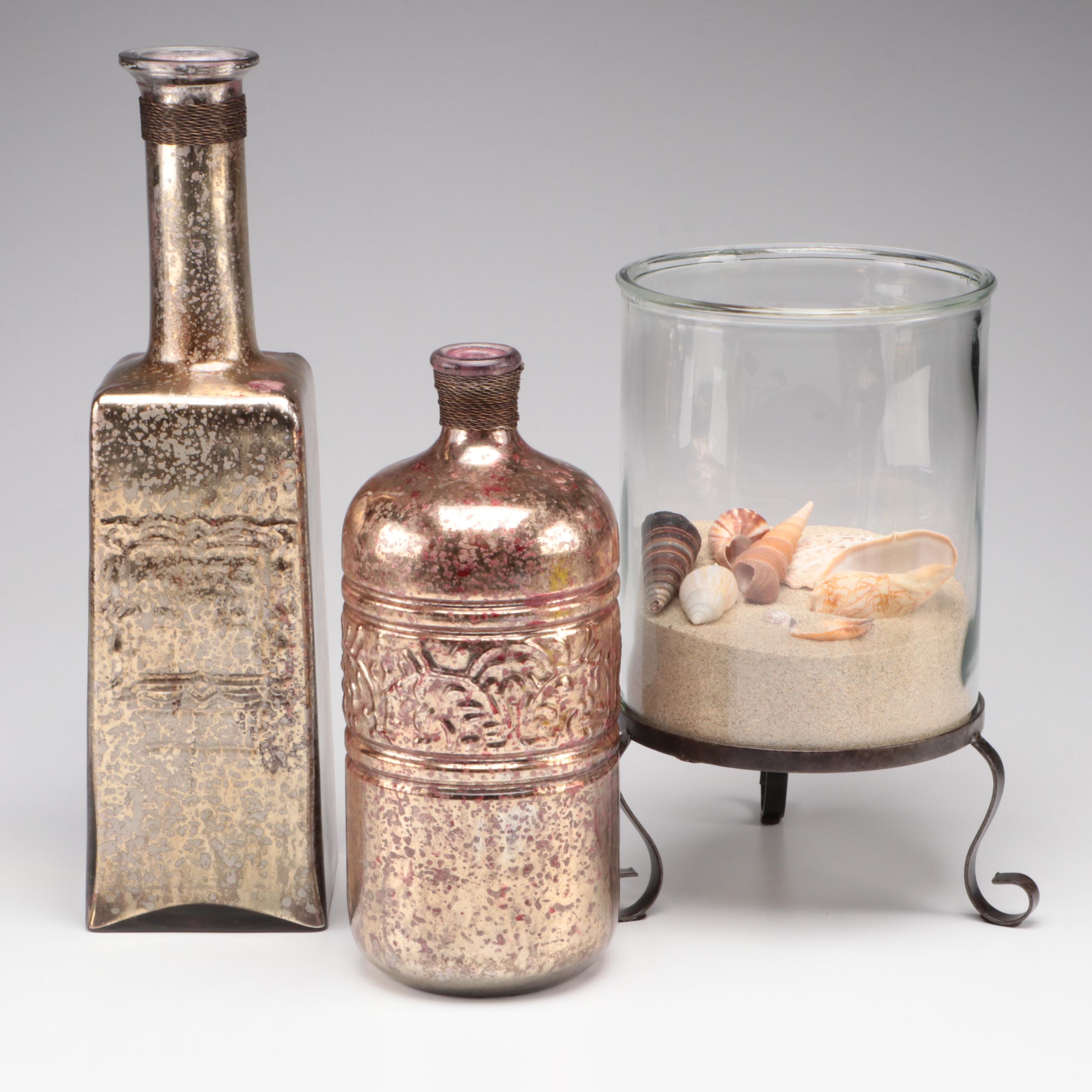 Antique Finish Bottles and Hurricane with Shells and Sand