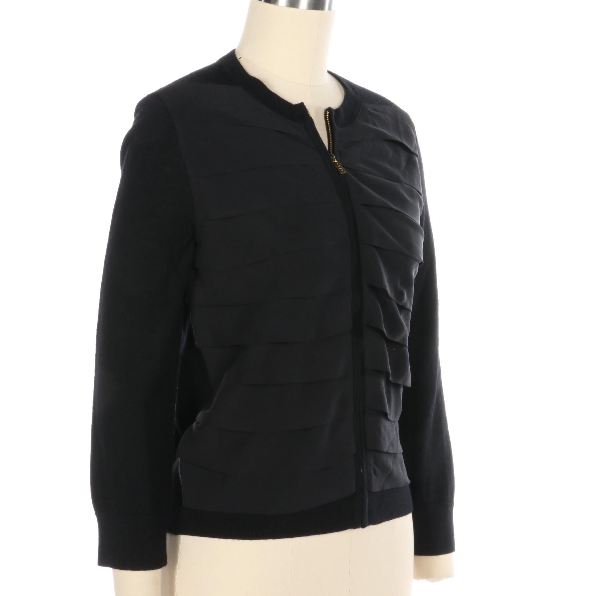 Tory Burch Zip Cardigan in Merino Wool with Silk Pleats