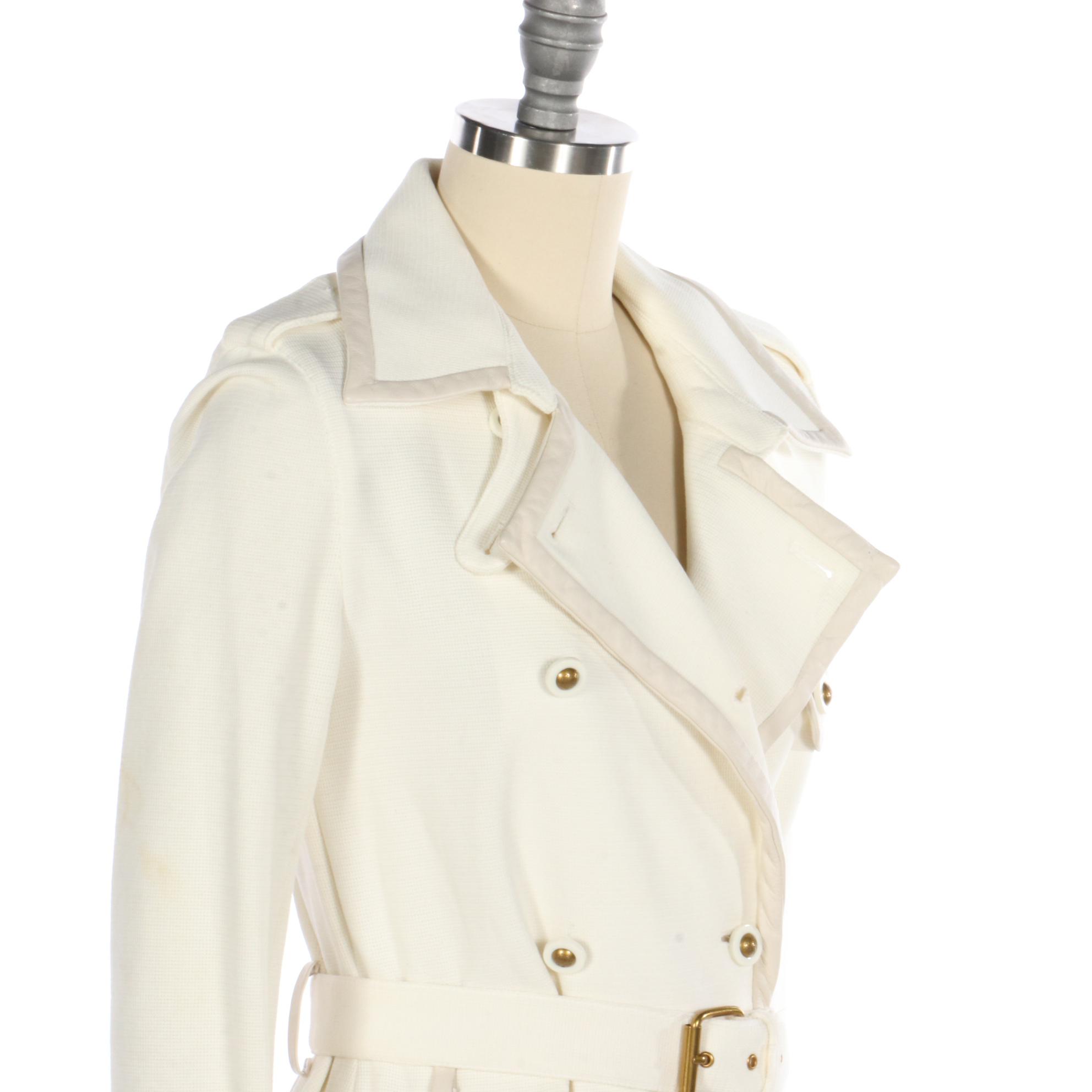 Tory Burch Double-Breasted Short Trench Coat in Double Knit with Leather Trim