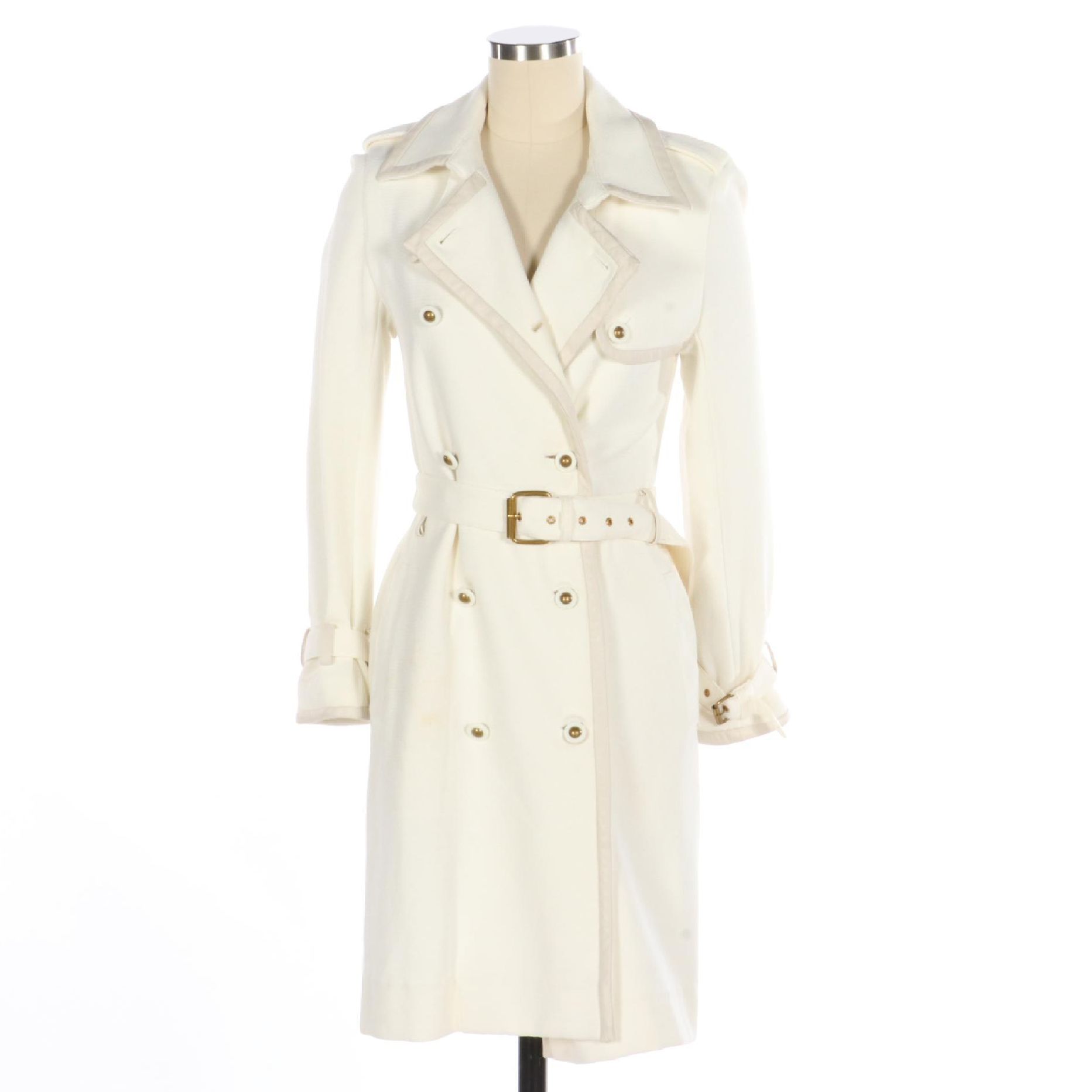 Tory Burch Double-Breasted Short Trench Coat in Double Knit with Leather Trim