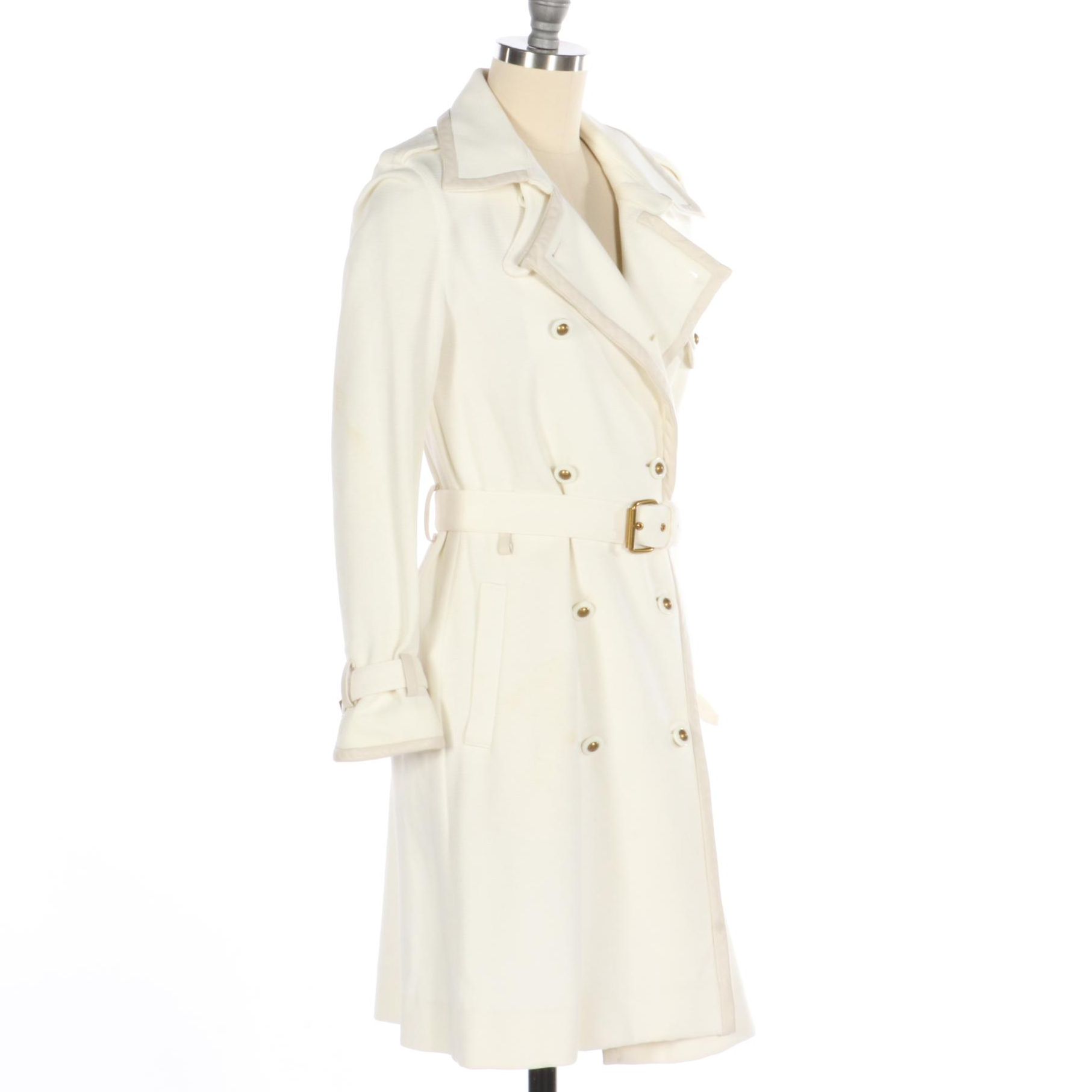 Tory Burch Double-Breasted Short Trench Coat in Double Knit with Leather Trim