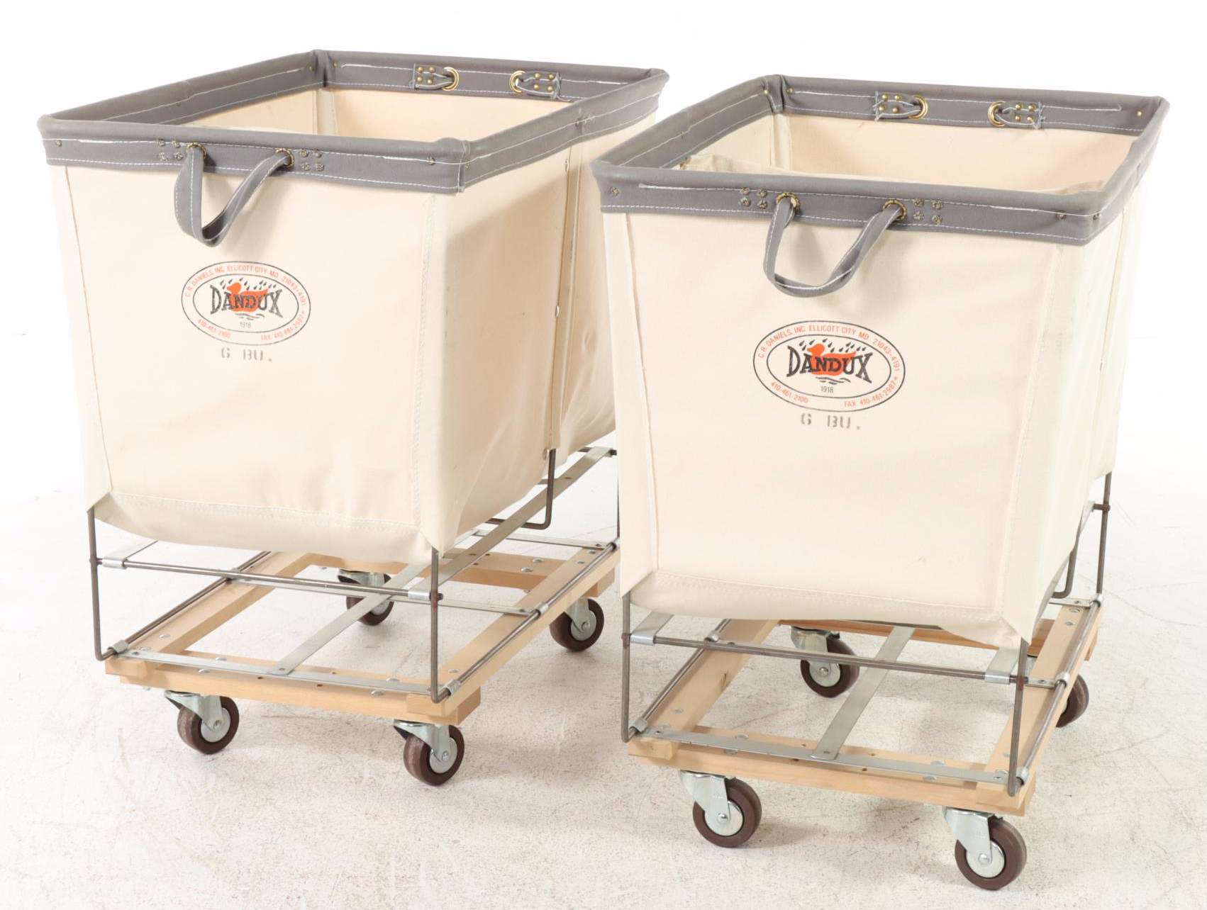 Five Restoration Hardware Dandux Canvas and Wheeled Laundry Carts