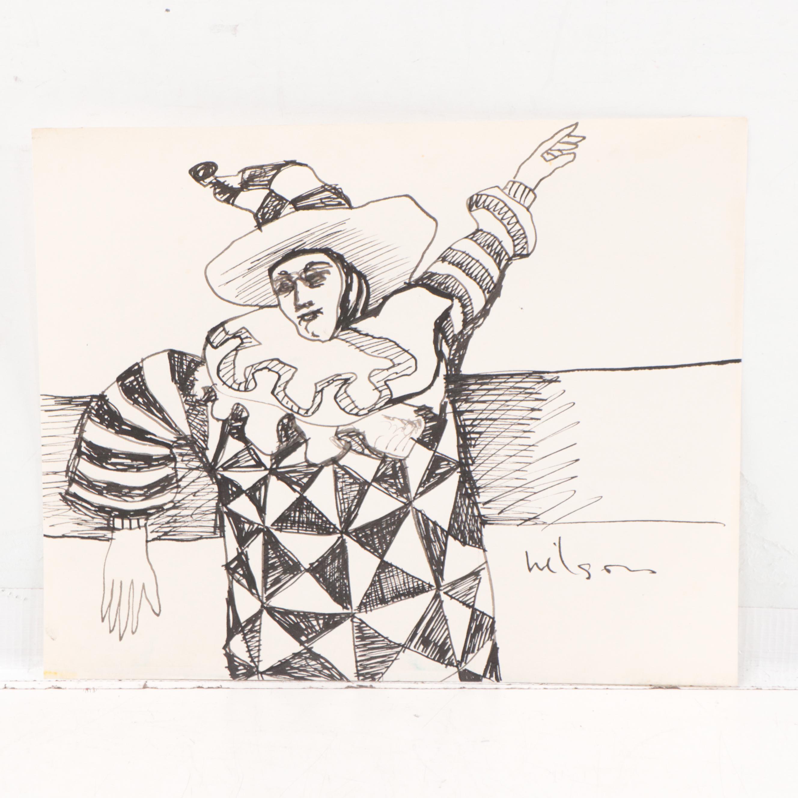 Harry Hilson Ink Drawing of Clown, Late 20th Century
