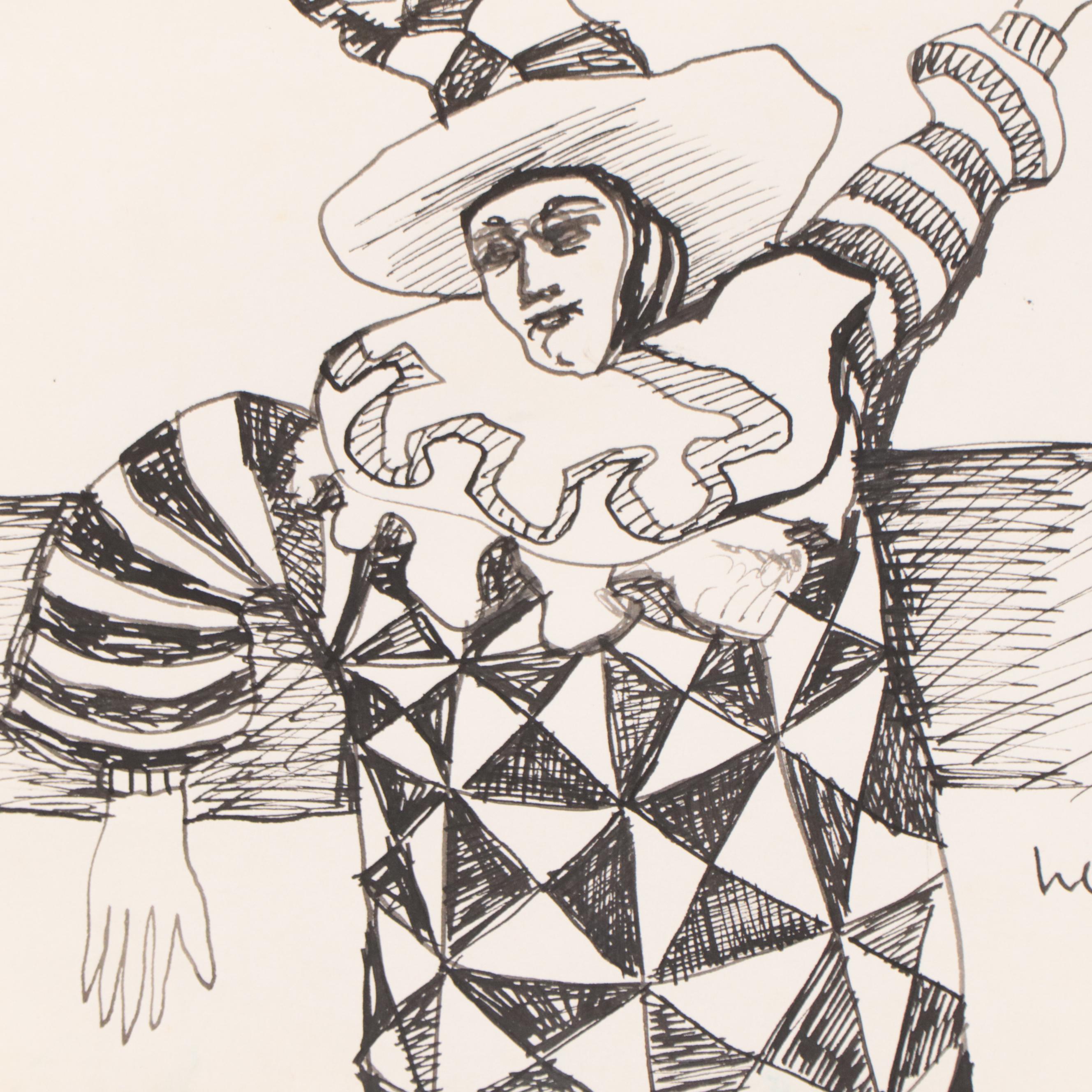 Harry Hilson Ink Drawing of Clown, Late 20th Century
