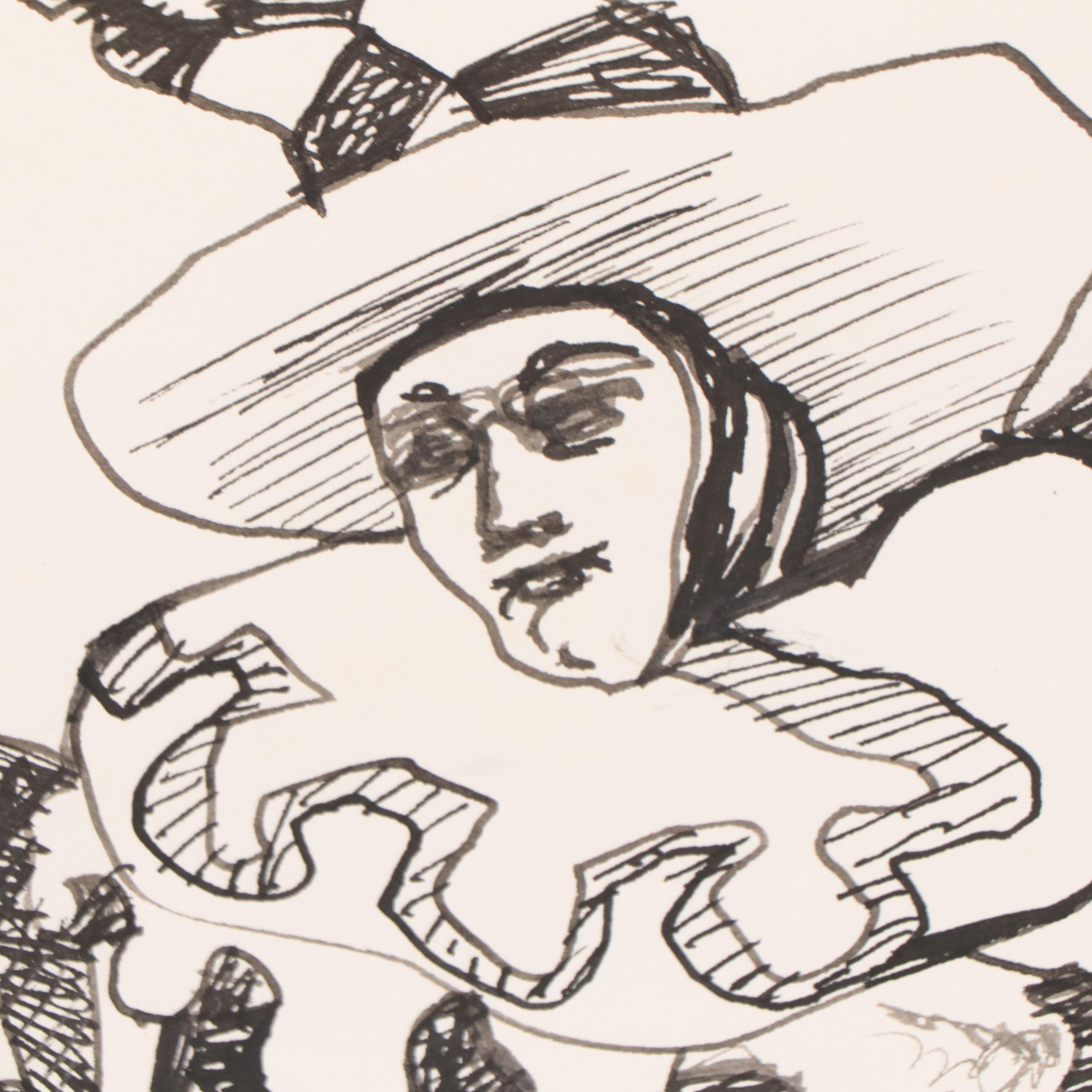 Harry Hilson Ink Drawing of Clown, Late 20th Century