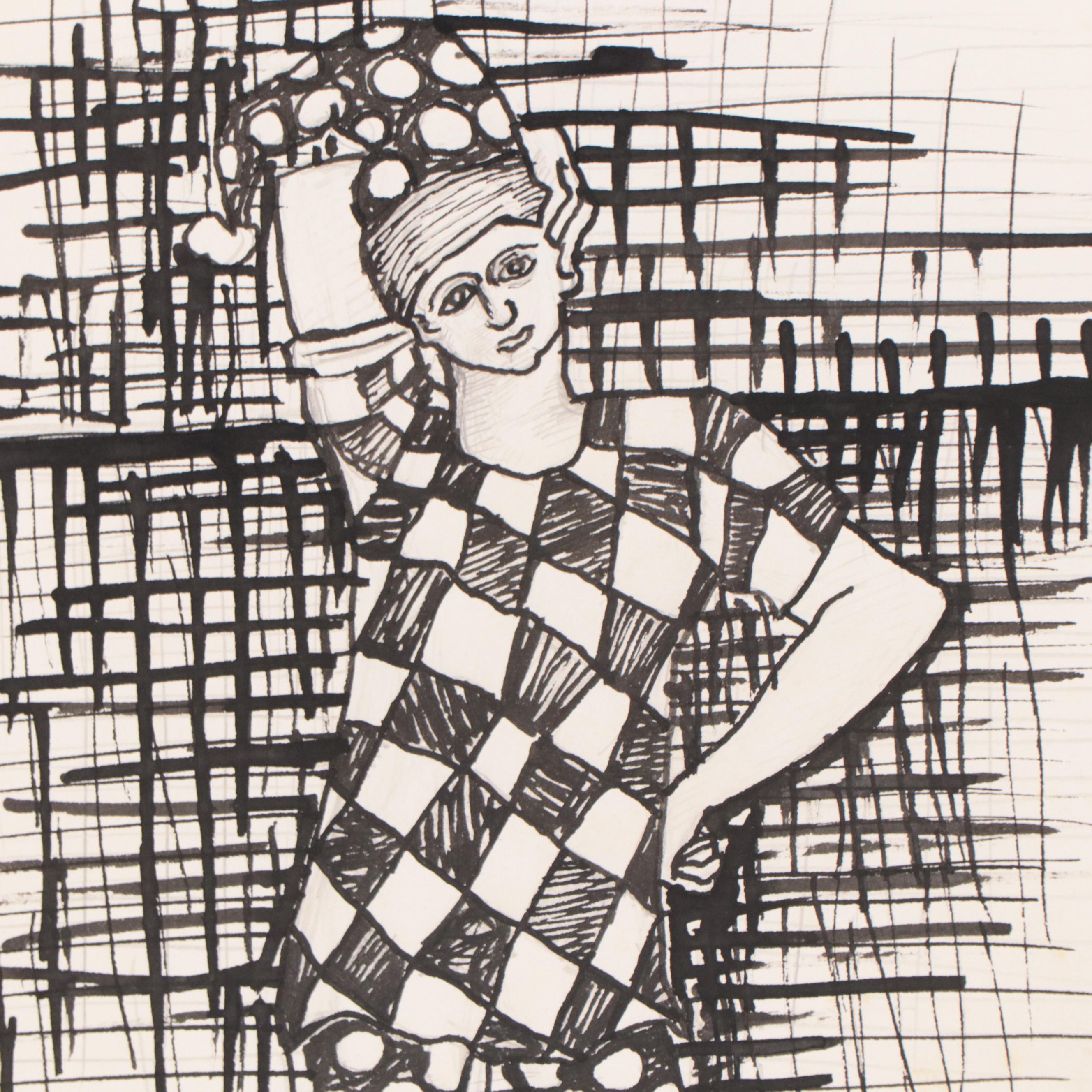 Harry Hilson Figural Ink Drawing of a Jester, 1966