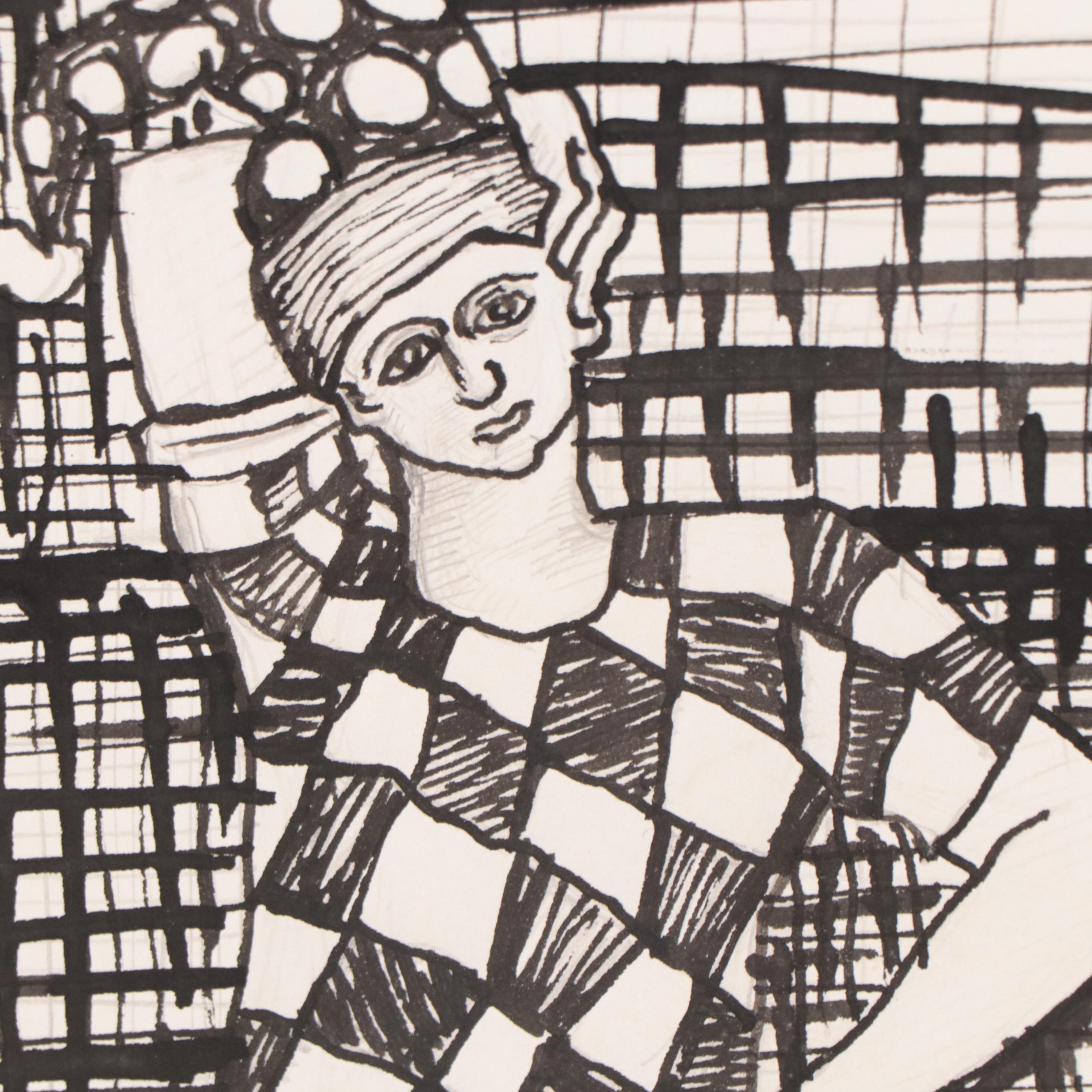 Harry Hilson Figural Ink Drawing of a Jester, 1966