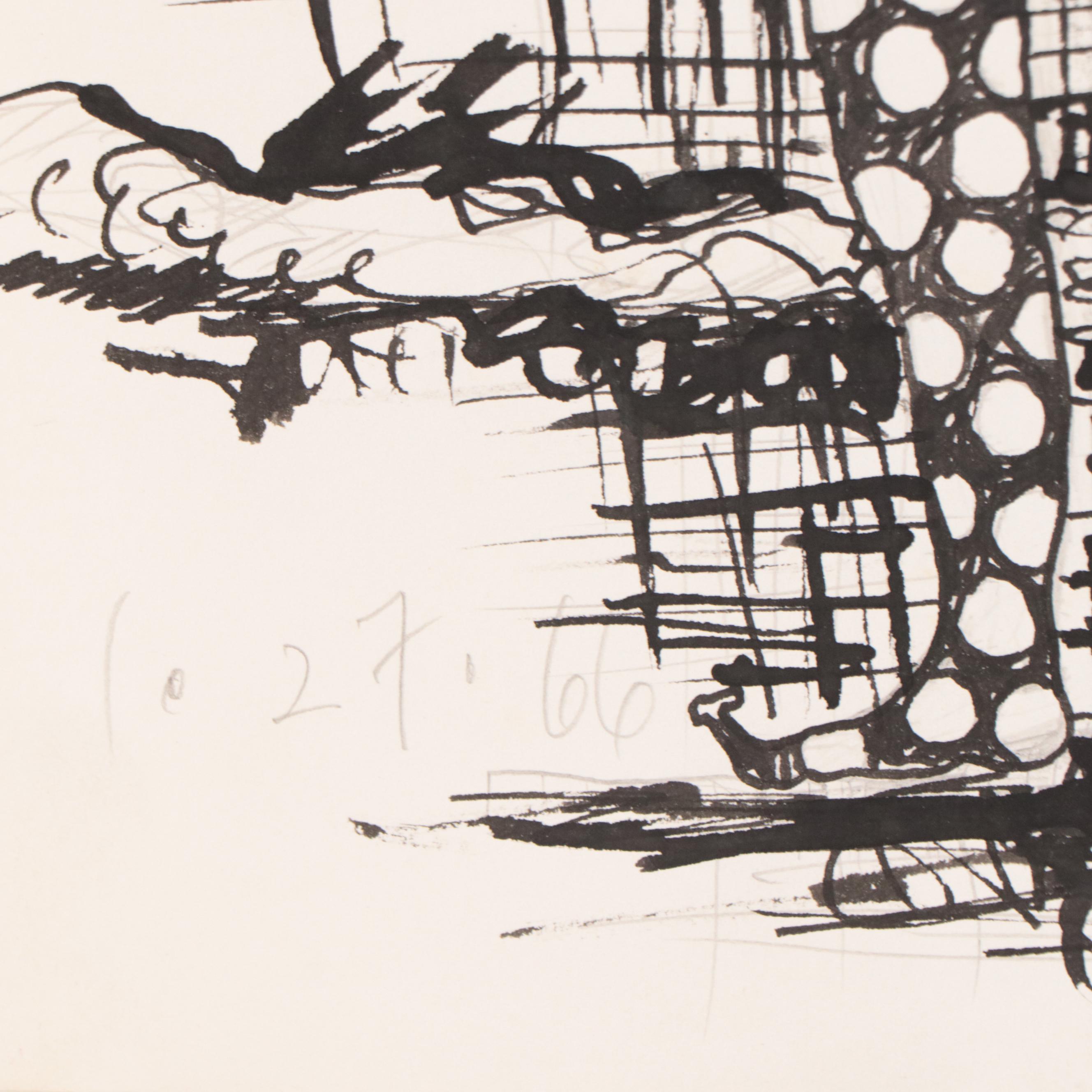 Harry Hilson Figural Ink Drawing of a Jester, 1966