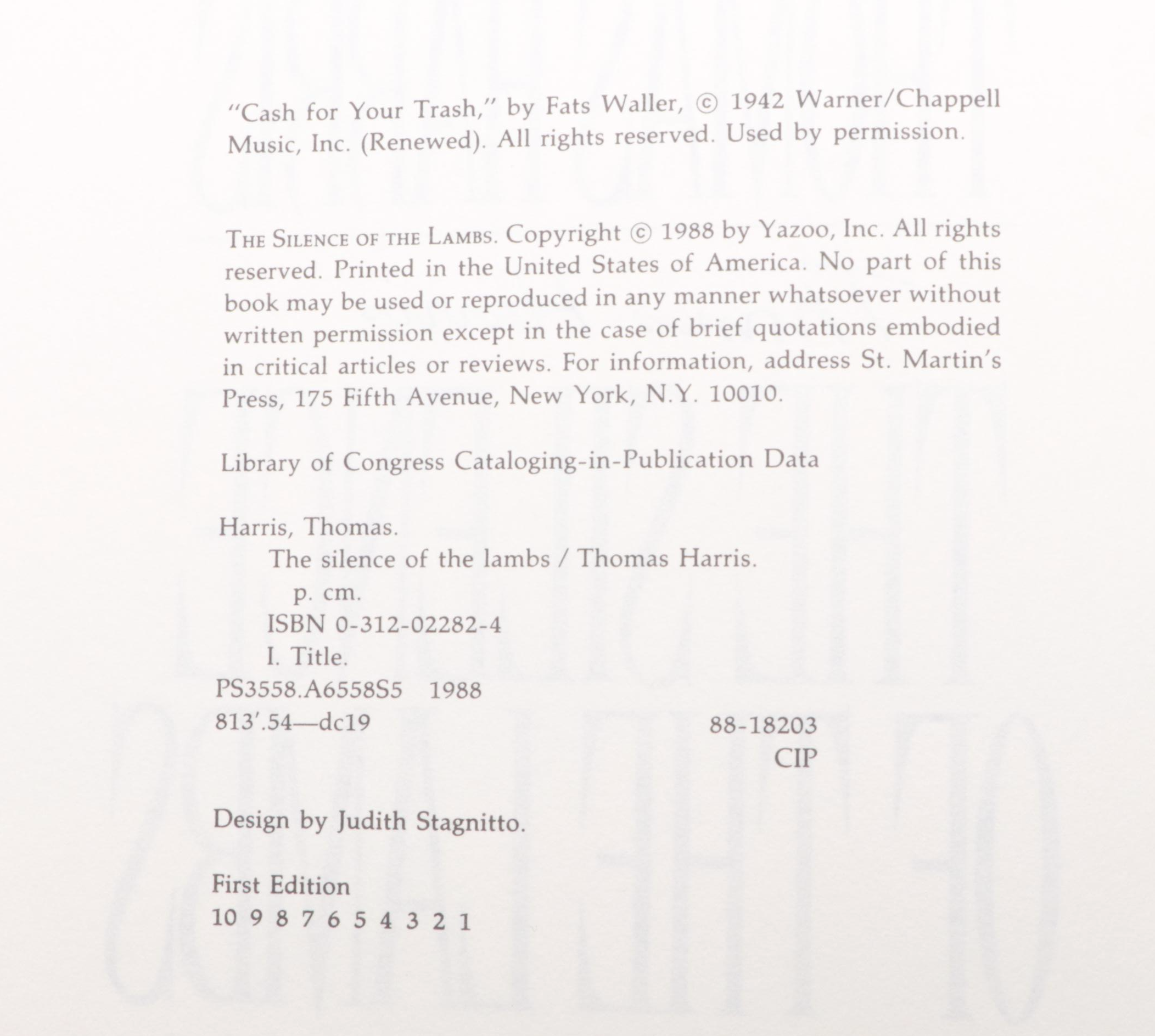 Signed First Edition "The Silence of the Lambs" by Thomas Harris, 1988