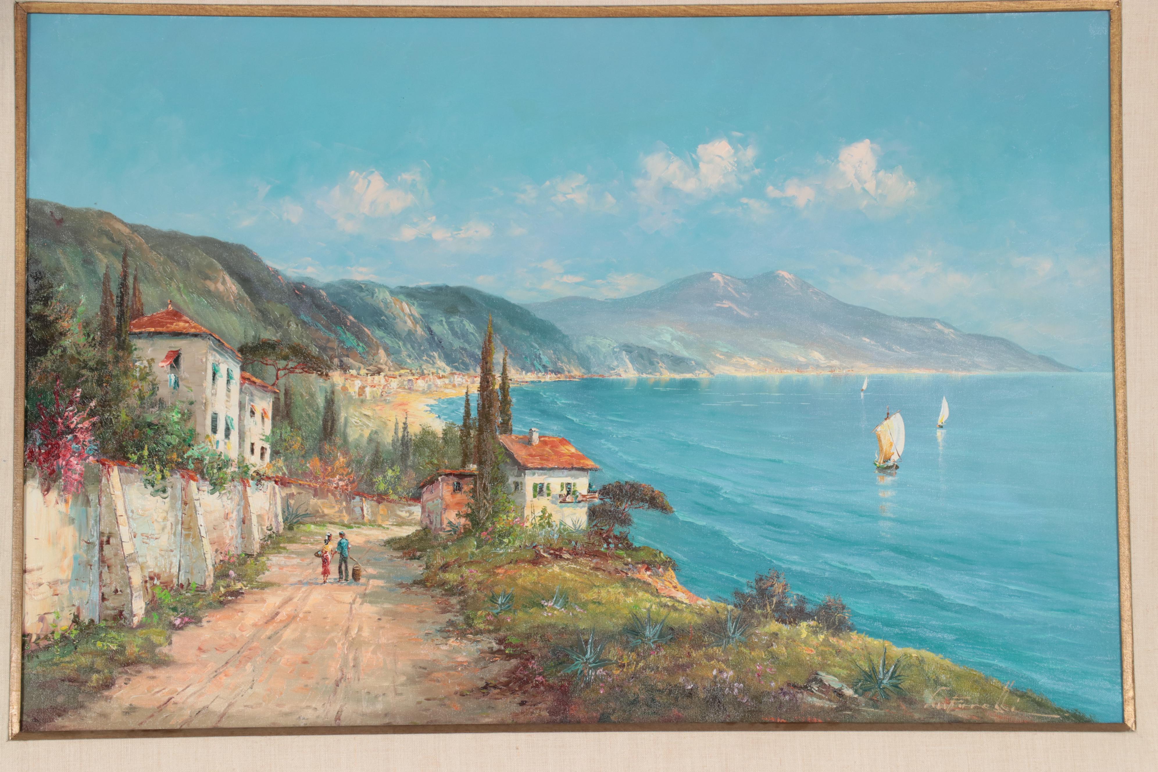 Harbor Scene Oil Painting of Coastal Village, Mid-20th Century