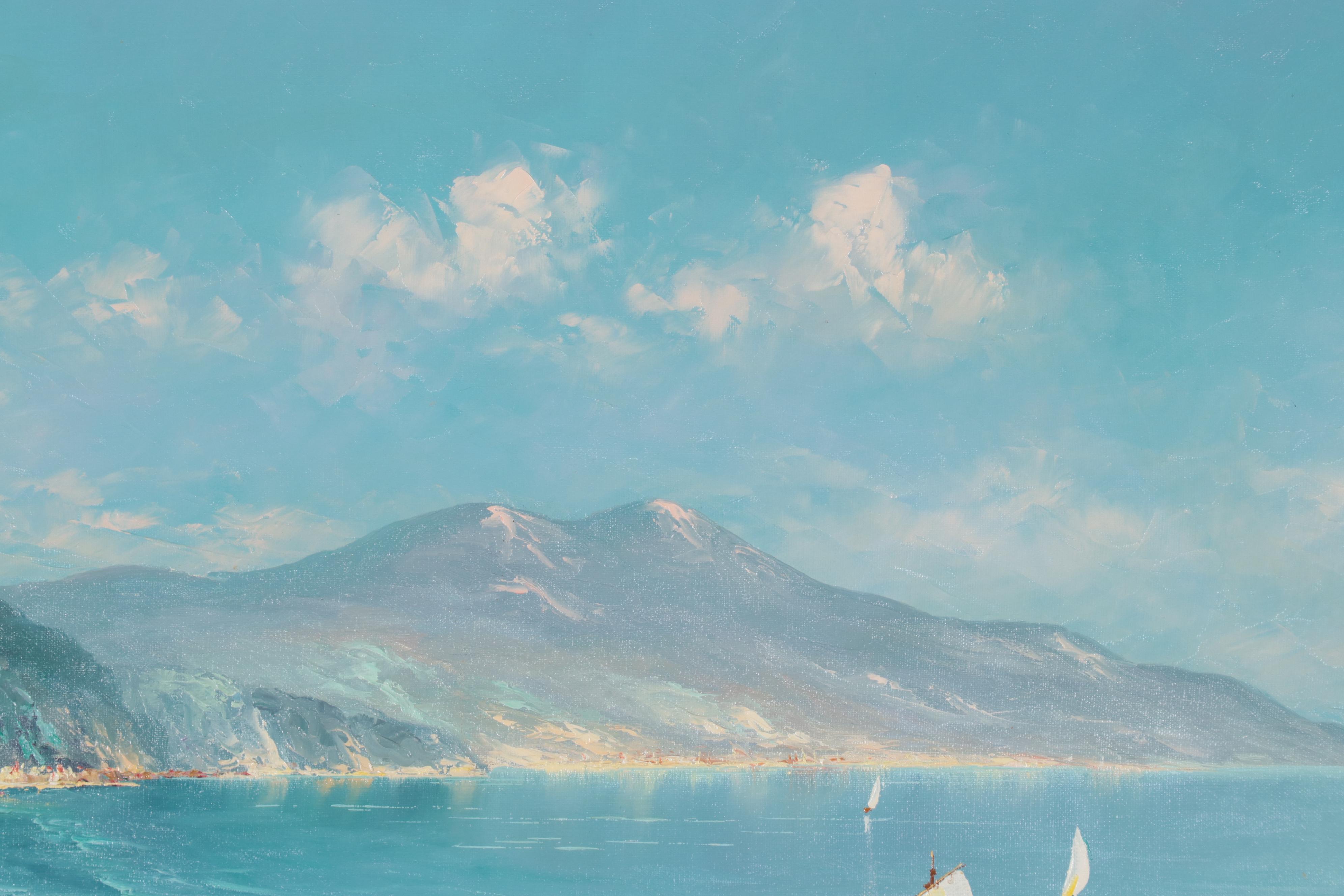 Harbor Scene Oil Painting of Coastal Village, Mid-20th Century