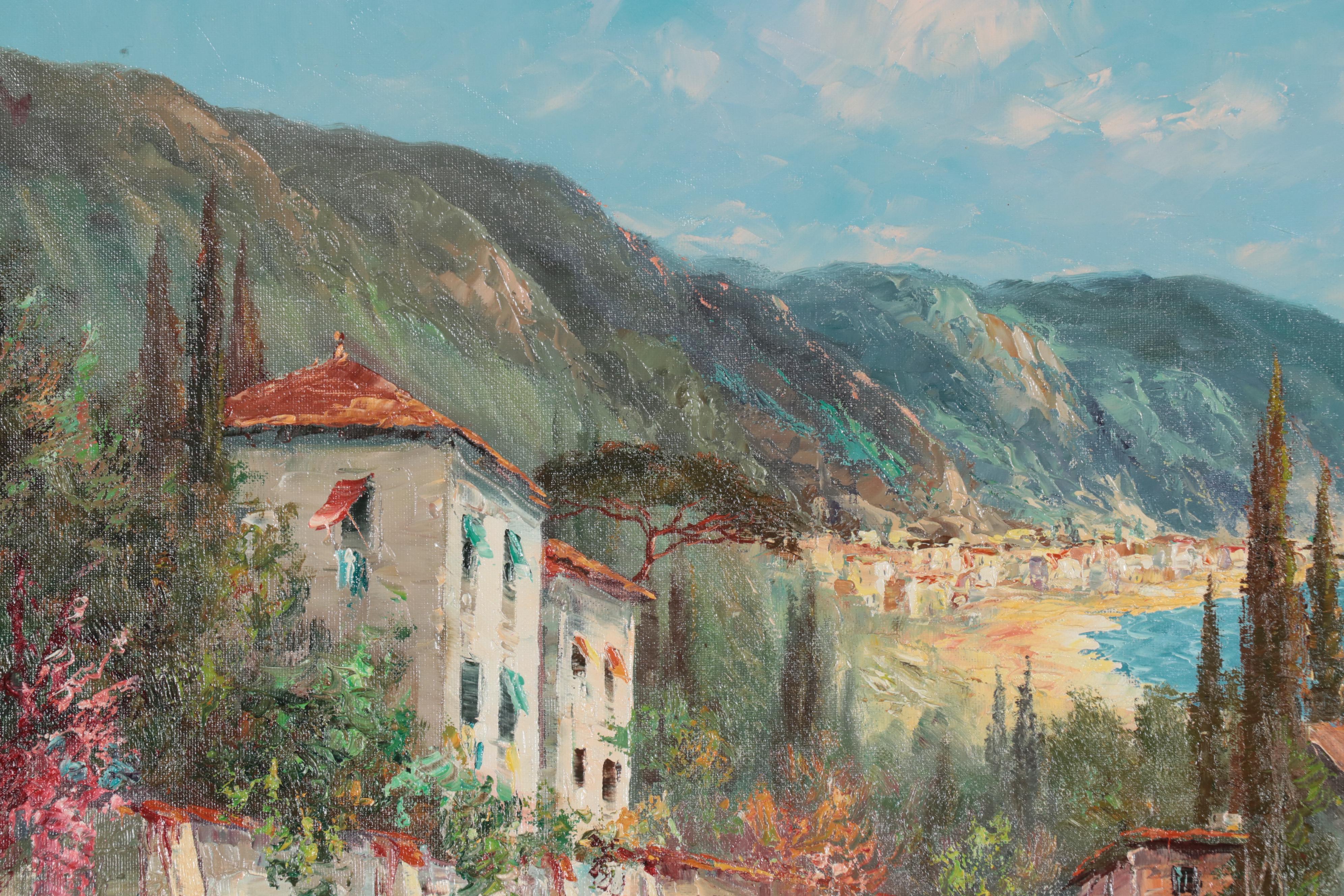 Harbor Scene Oil Painting of Coastal Village, Mid-20th Century