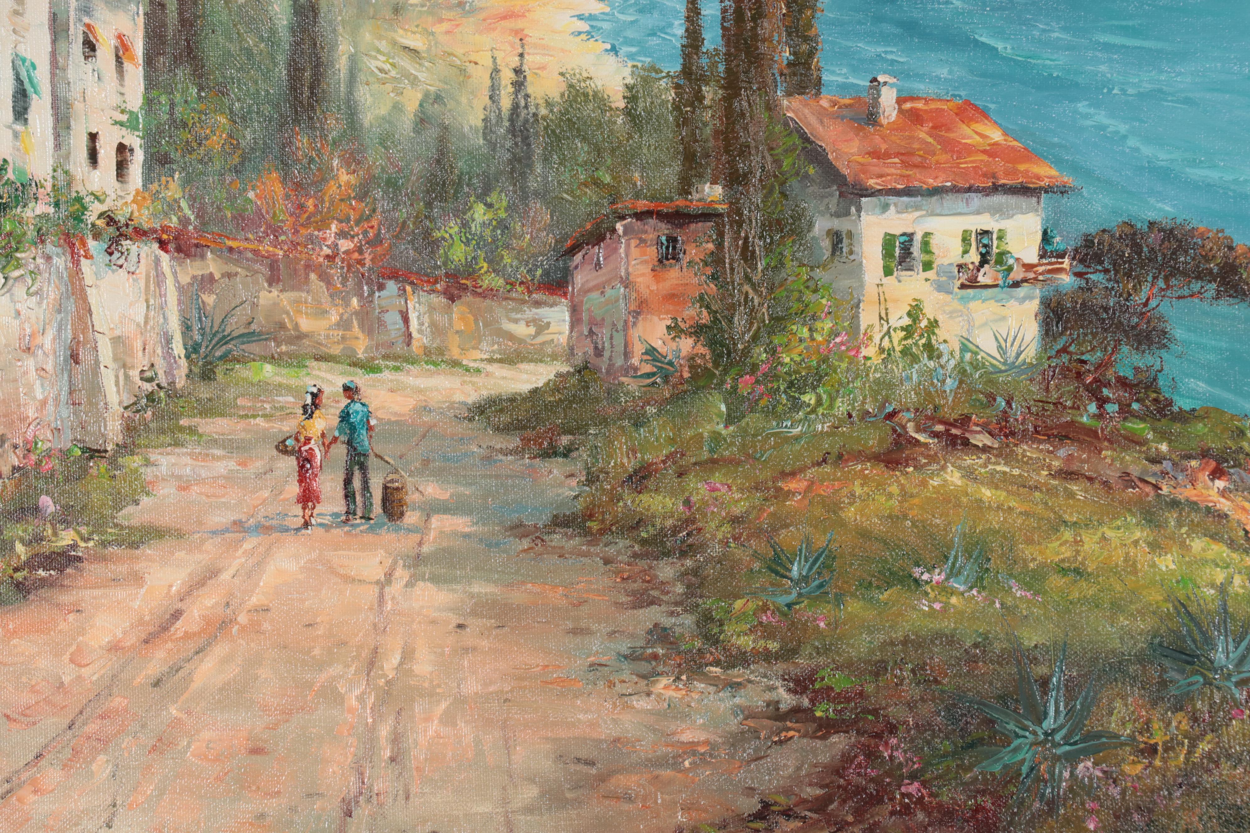 Harbor Scene Oil Painting of Coastal Village, Mid-20th Century