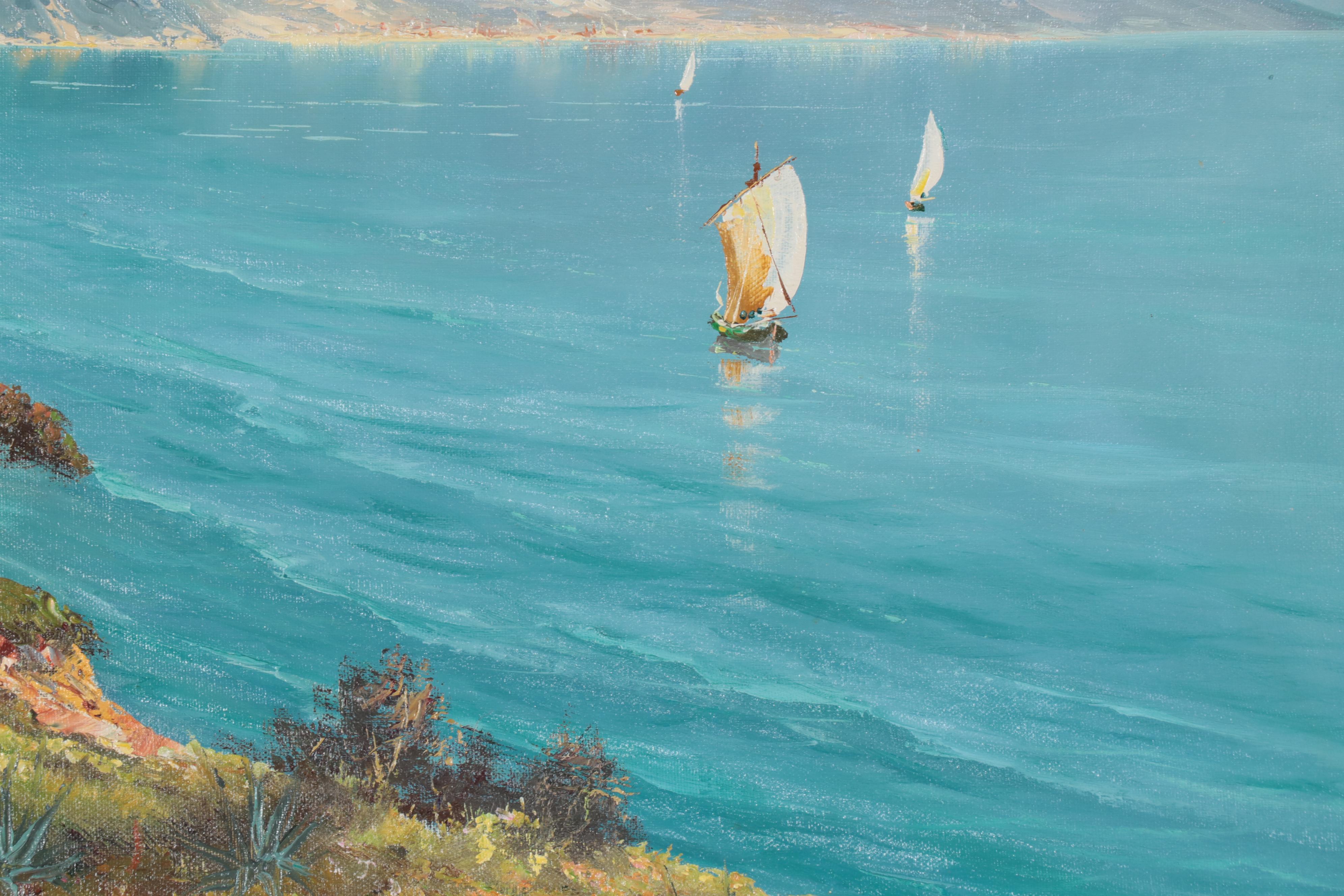 Harbor Scene Oil Painting of Coastal Village, Mid-20th Century