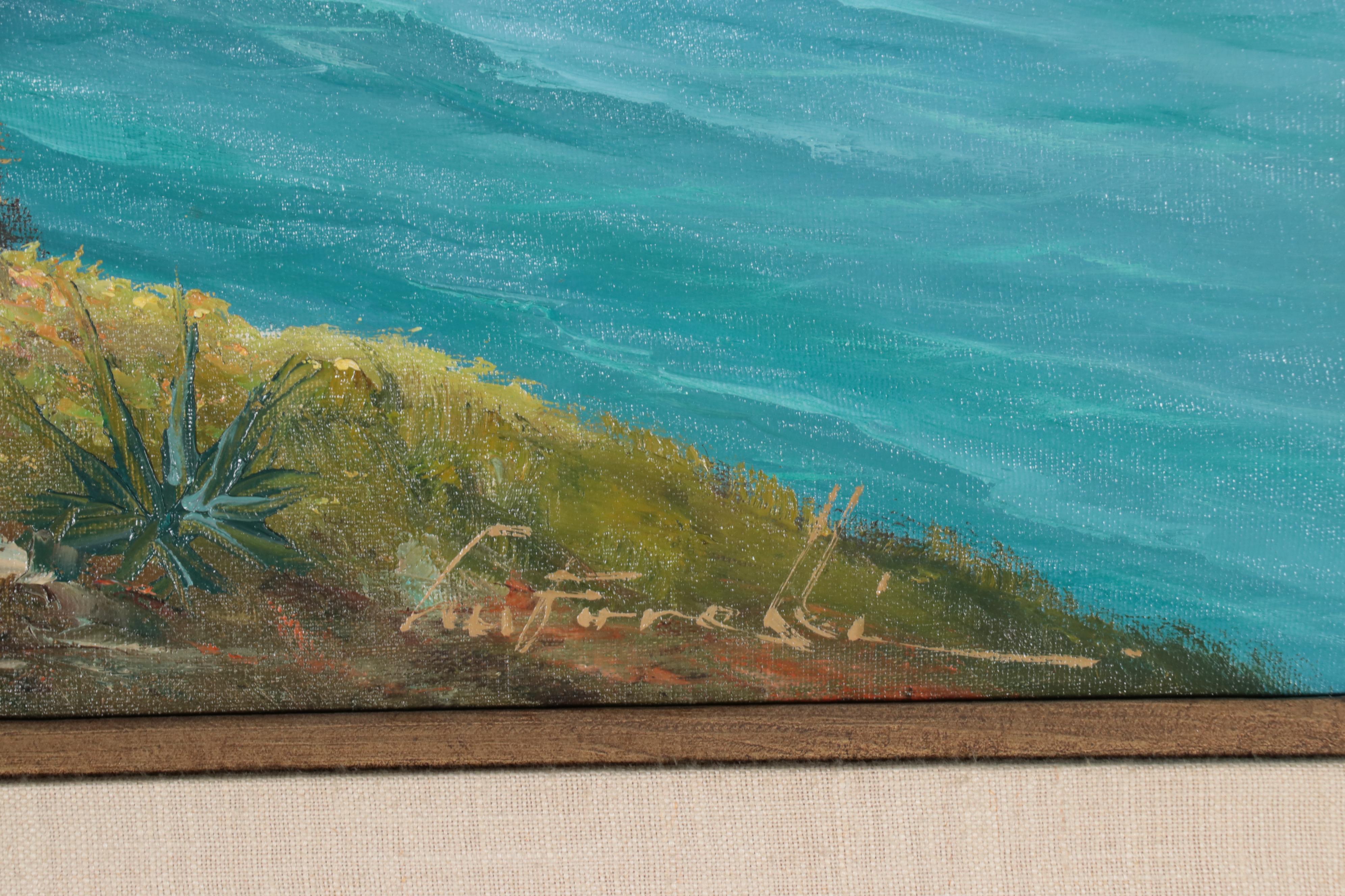 Harbor Scene Oil Painting of Coastal Village, Mid-20th Century