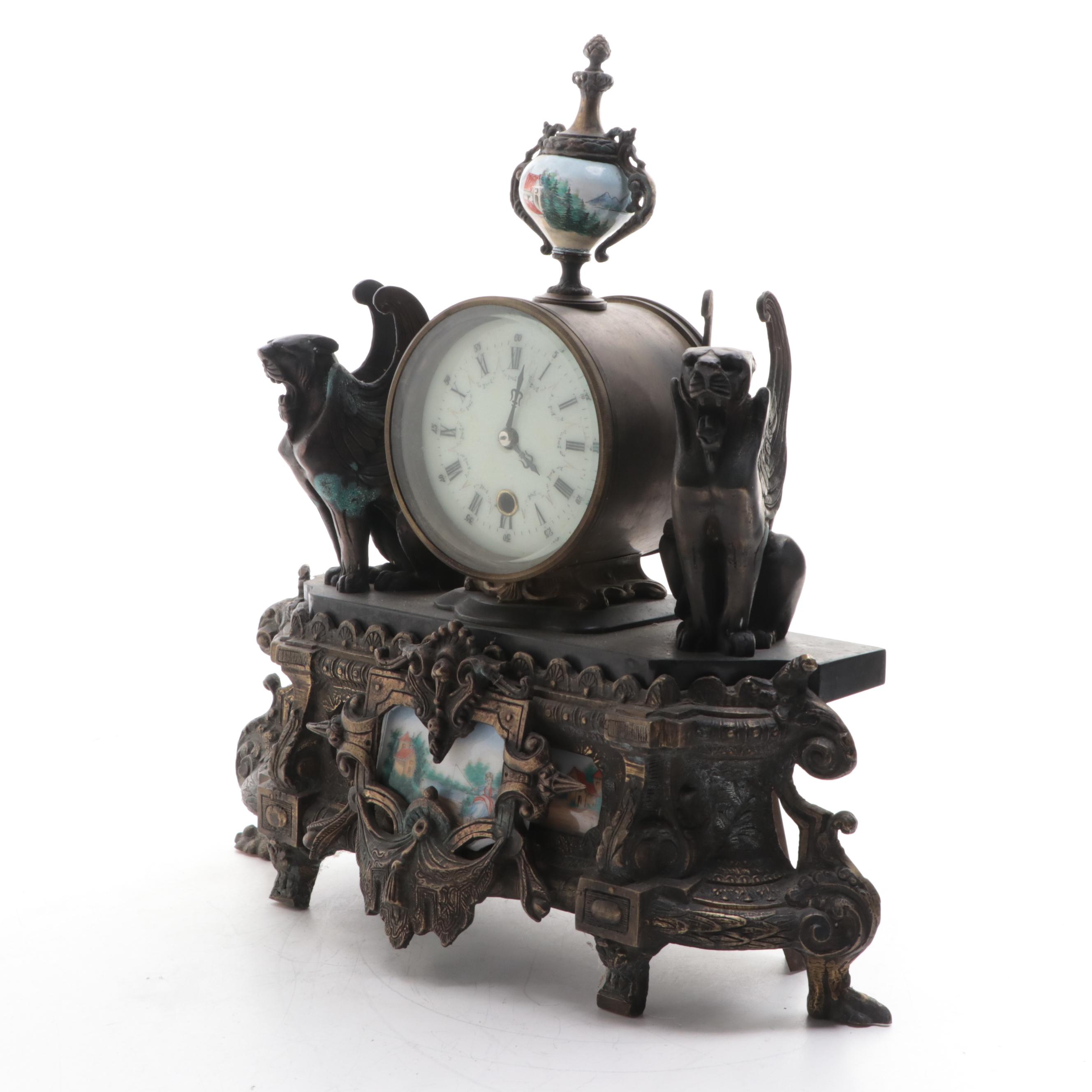 Rococo Style Metal and Porcelain Mantel Clock with Griffins