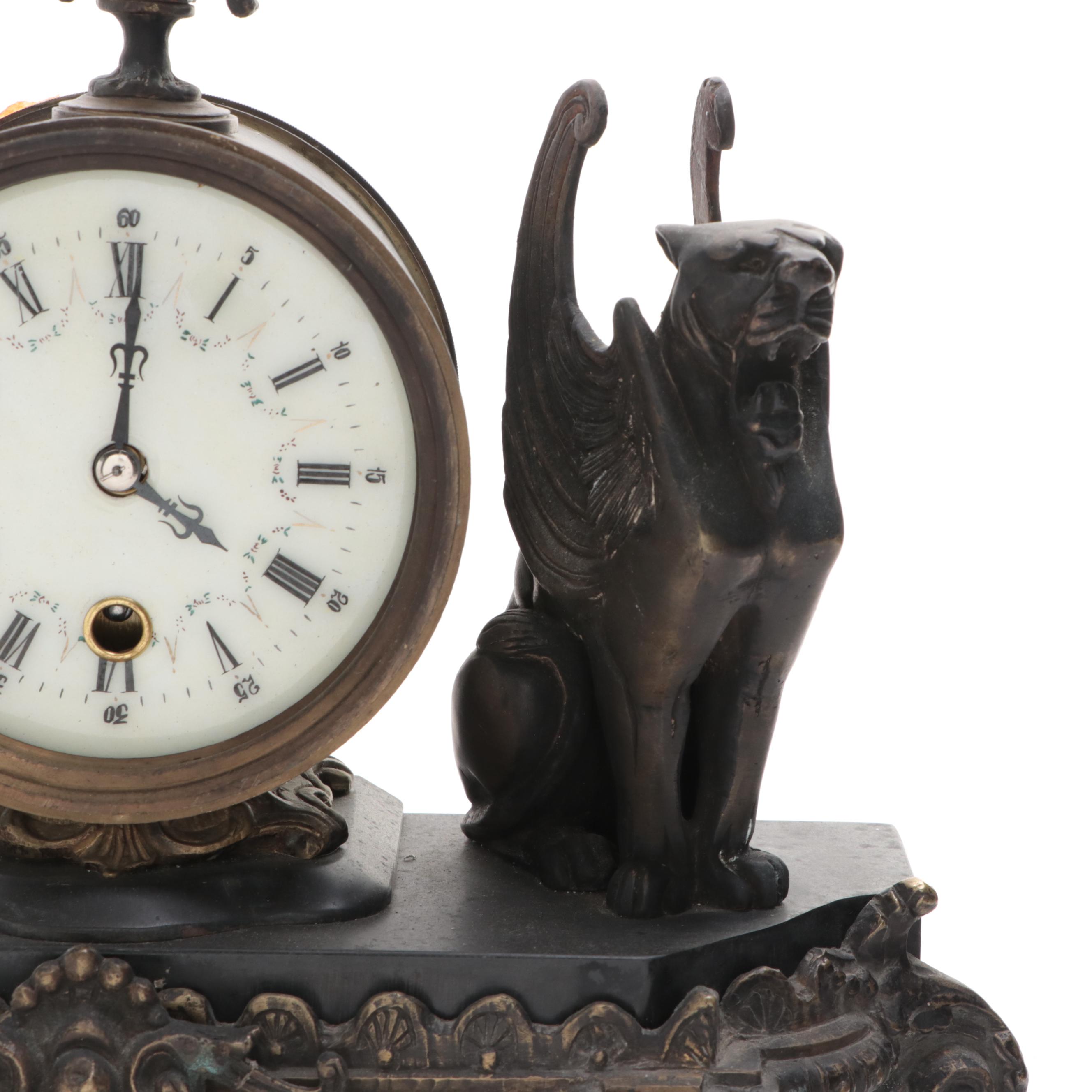 Rococo Style Metal and Porcelain Mantel Clock with Griffins
