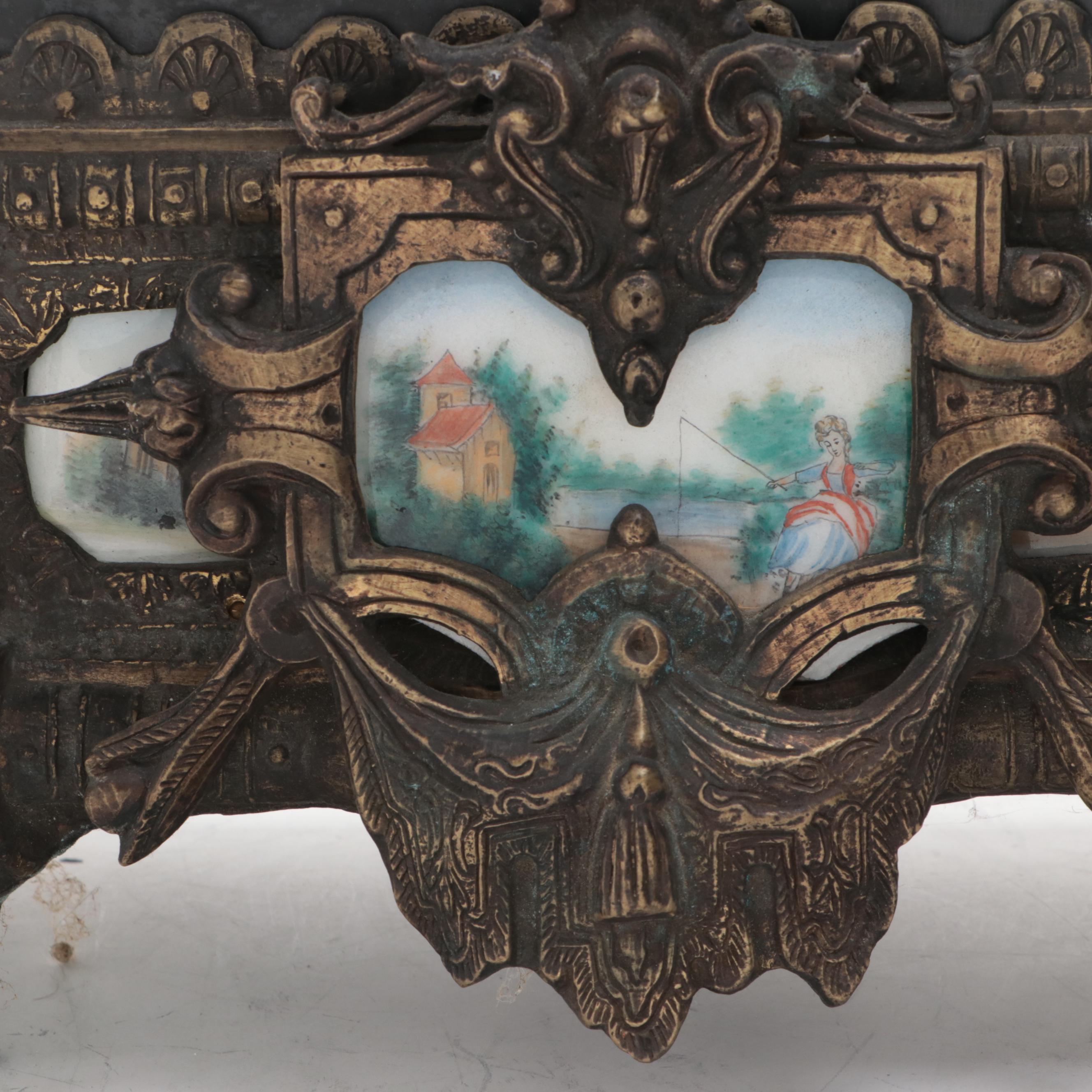 Rococo Style Metal and Porcelain Mantel Clock with Griffins