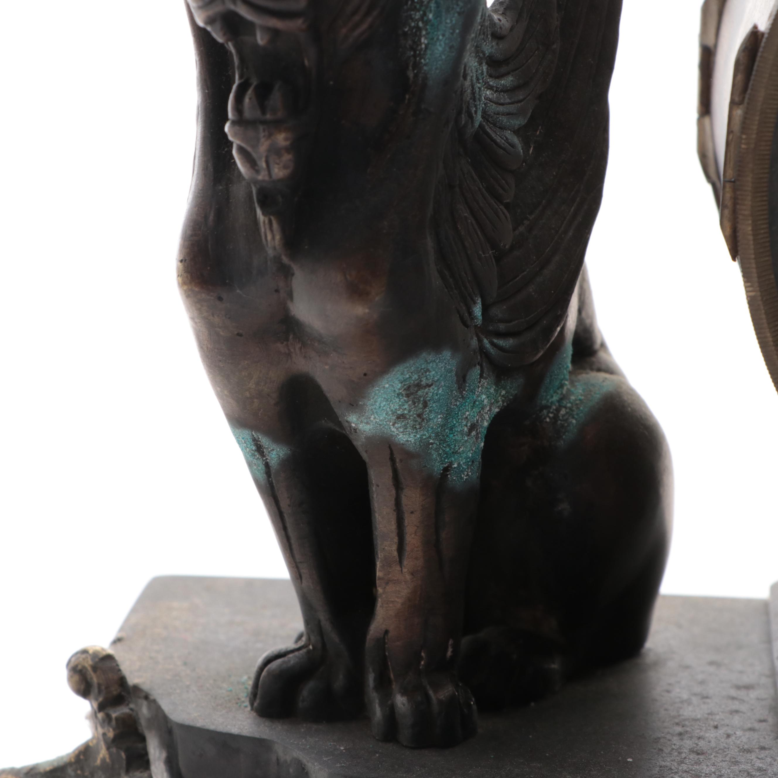 Rococo Style Metal and Porcelain Mantel Clock with Griffins